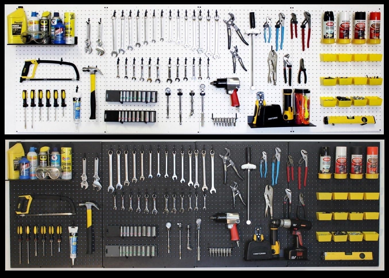 WallPeg peg Board Panels orgsnizer - Kit 96 B - Shelves, Bins, Locking peg Hooks Garage pegboard Storage (Black)