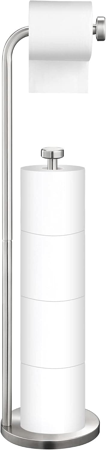 Toilet Paper Holder, Free Standing Toilet Paper Holder Stand with Shelf Storage, Bathroom Toilet Paper Roll Holder for 4 Rolls Mega Jumbo, Brushed Nickel Stainless Steel, Housen Solutions