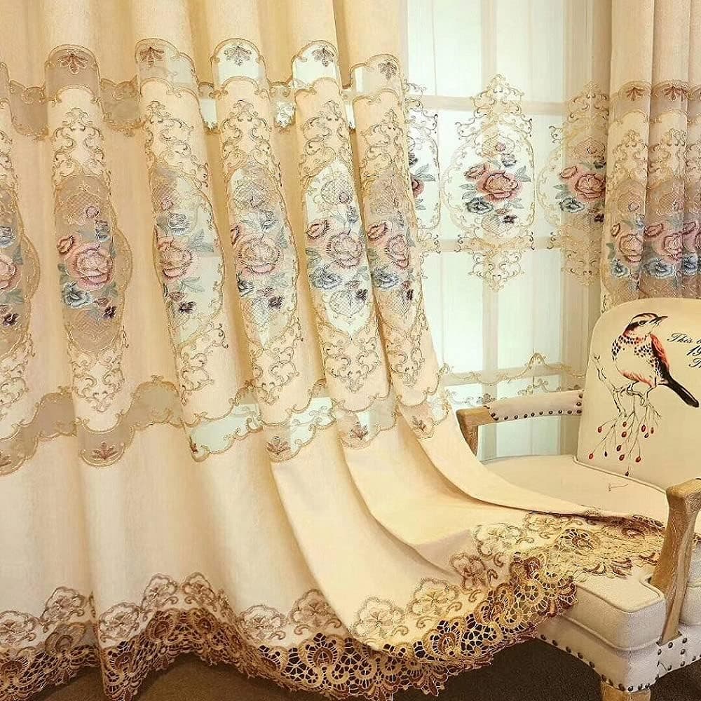 TIYANA Beige Luxury Embroidered Curtain Panel for Windows Extra Wide Chenille Cloth Fabric Grommet Top, 95x96 inch 1 Piece Only