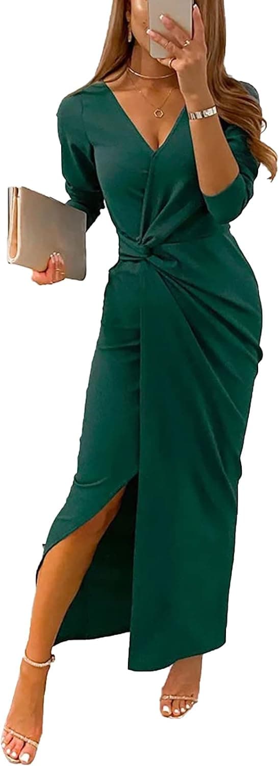 GEMEIQ Women Deep V-Neck Long Sleeve Tie Waist Split Wrap Midi Dresses