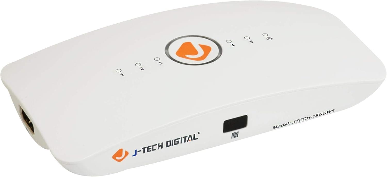 J-Tech Digital HDMI Switch 5X1 HDMI2.0 4K@60Hz, HDCP 2.2, HDR, YUV 4:4:4 with Remote Control and auto-Switching Function with Control4 Driver Available [JTECH-18GSW5]