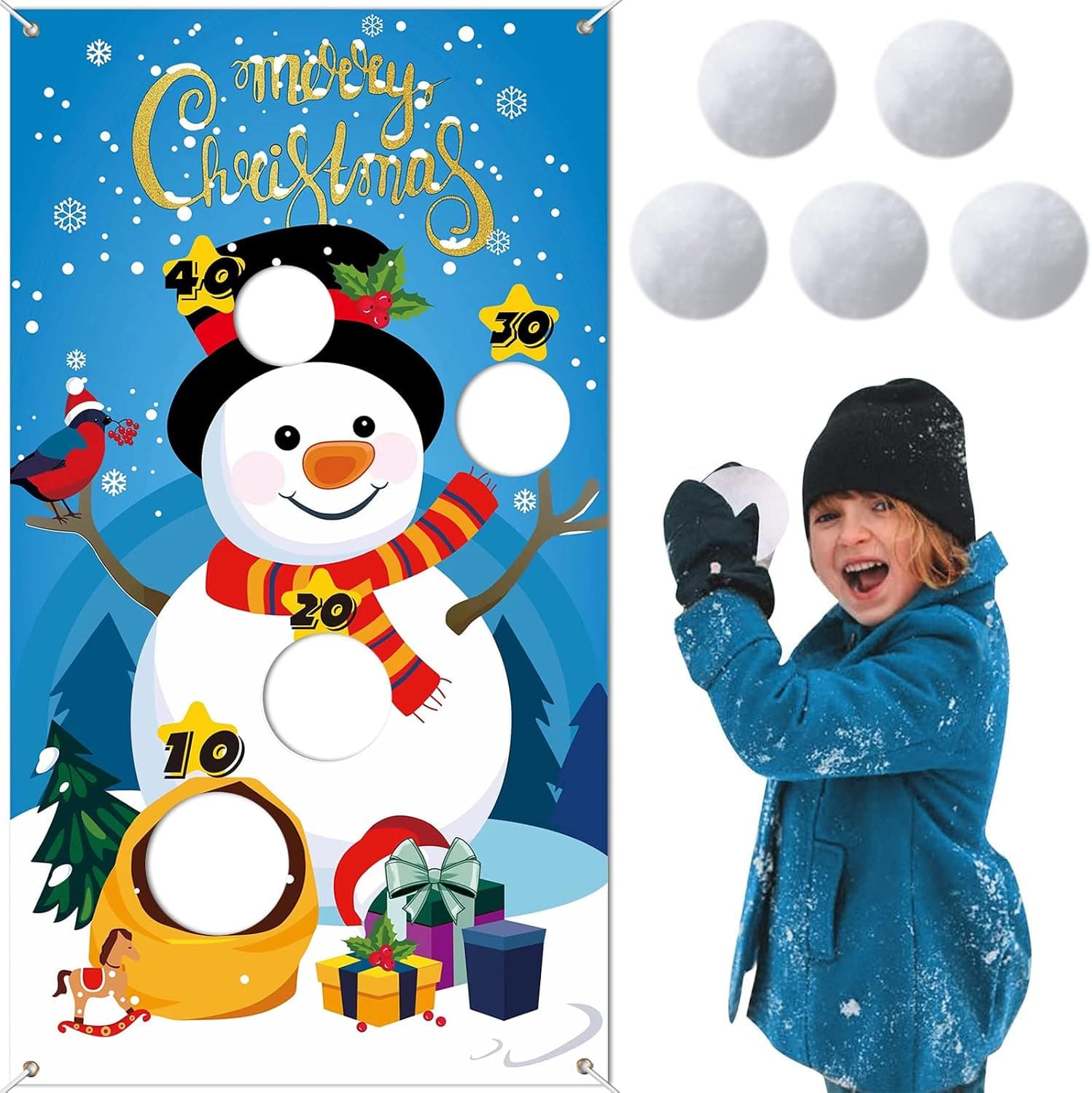 Snowman Toss Games Banner, Winter Christmas Holiday Party Game with 5 Snowballs for Kids Adults Family Gathering Indoor Outdoor Frozen Party Supplies