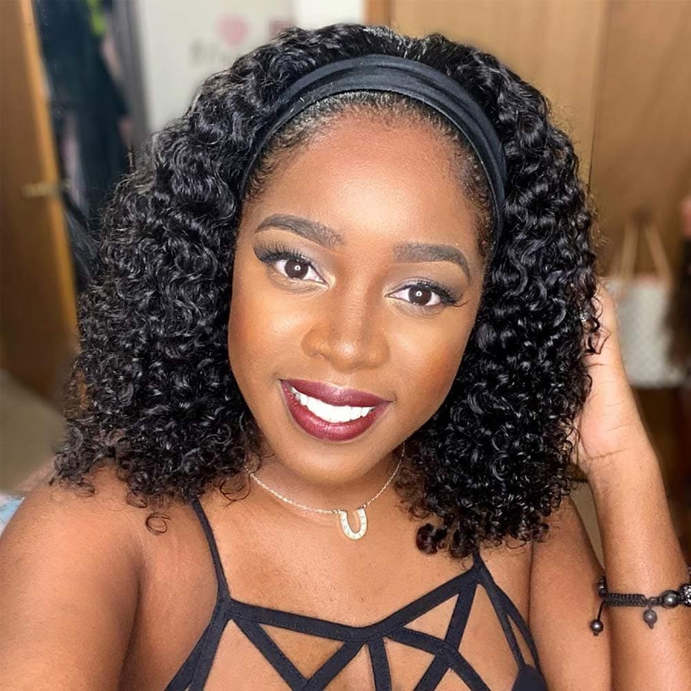 Ainmeys Curly Wave headband Wigs Virgin Brazilian Water Wave Wigs None Lace Front Wigs Human Hair Wigs 150% Density Glueless Machine Made Wigs For Black Women (12inch, curly headband wig)
