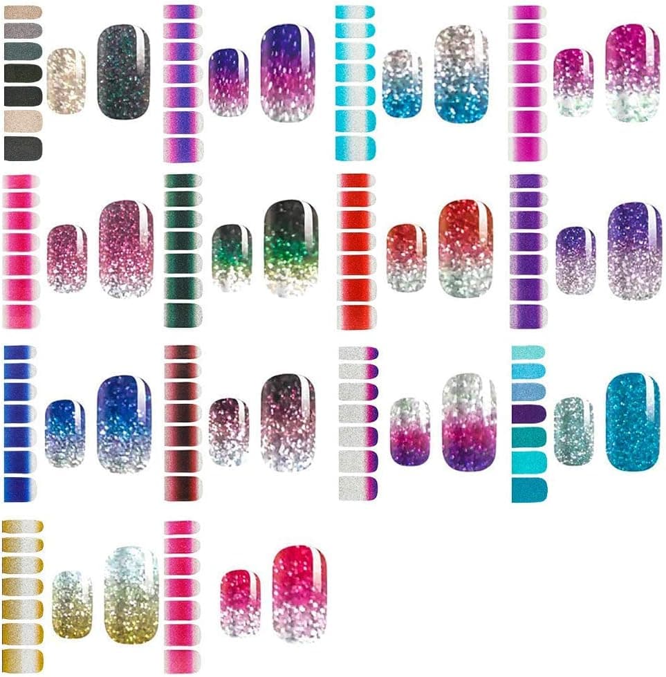 DaveandAthena 14 Sheets Full Wraps Nail Polish Stickers Strips Pure Color Shine Self-Adhesive Nail Art Decals Strips Manicure Kits Nail Art Designs for Women Girls