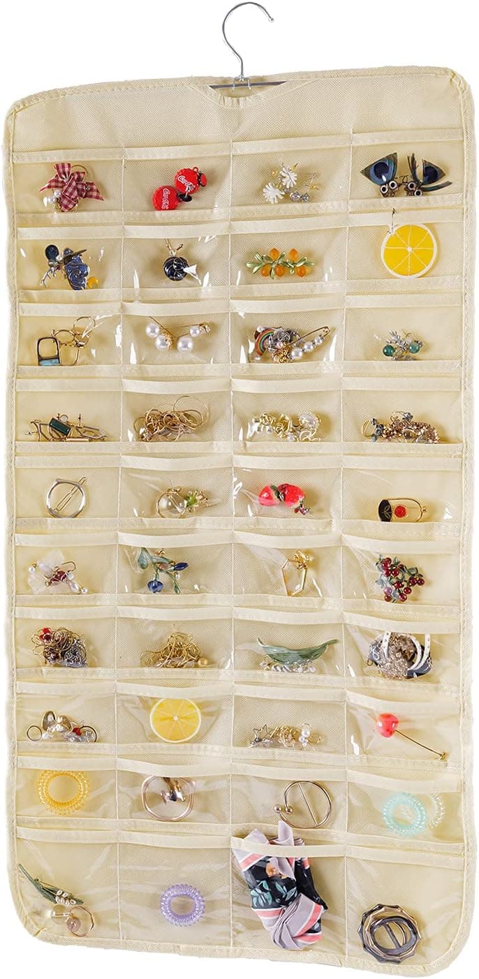 Hanging Jewelry Organizer, Double Sided 80 Pocket Jewelry Chain Storage Bag 2 Layer of Fabric Jewelry Organizer Holder for Necklace Bracelet Earring Ring Knitting Tool- Beige