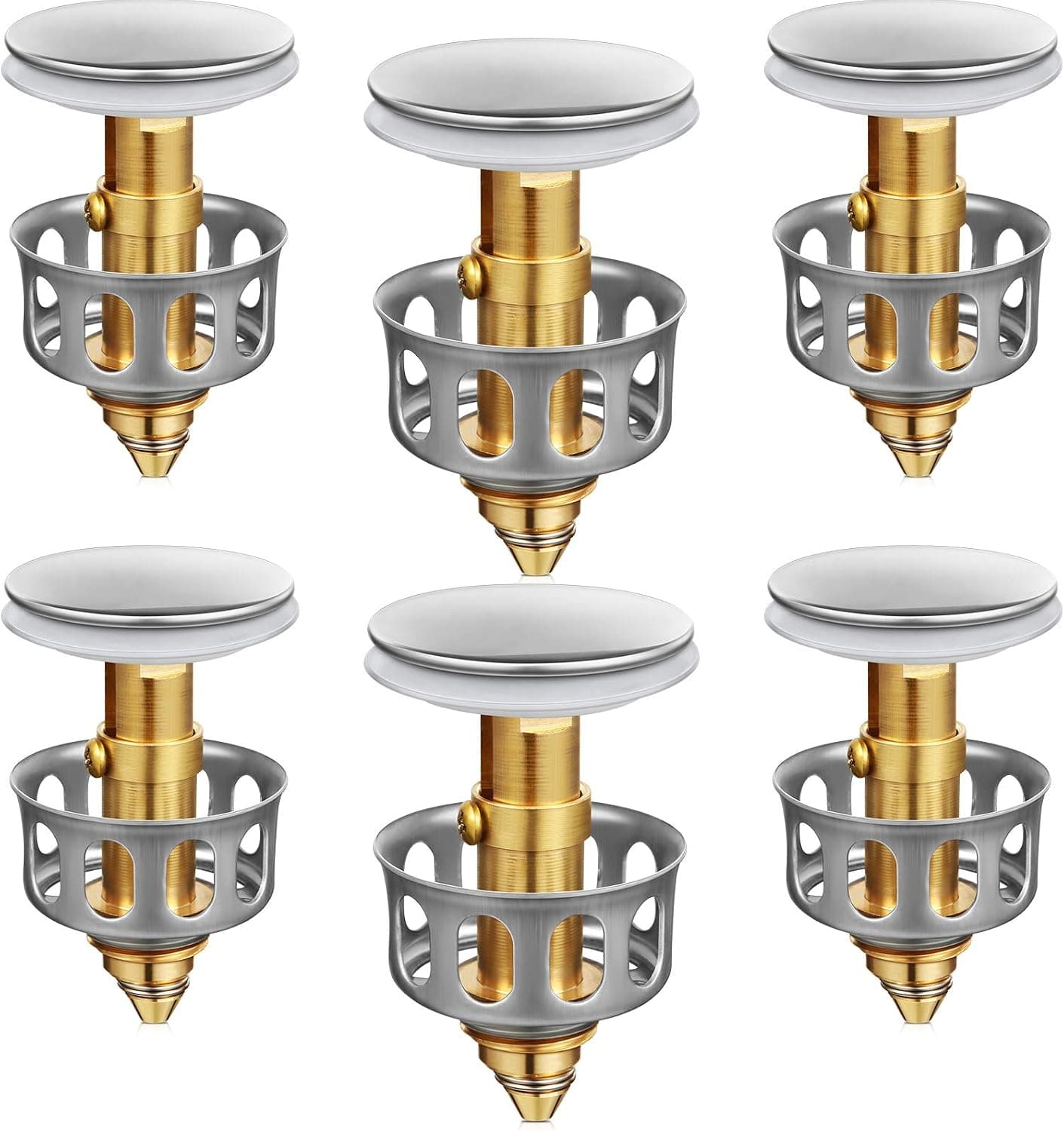 6 Pieces Universal Wash Basin Bounce Drain Filter Popup Bathroom Drain Filter Brass Drain Plug with Basket Push Type Bounce Core Universal Size Sink Drain Stopper Shower Drain Filter