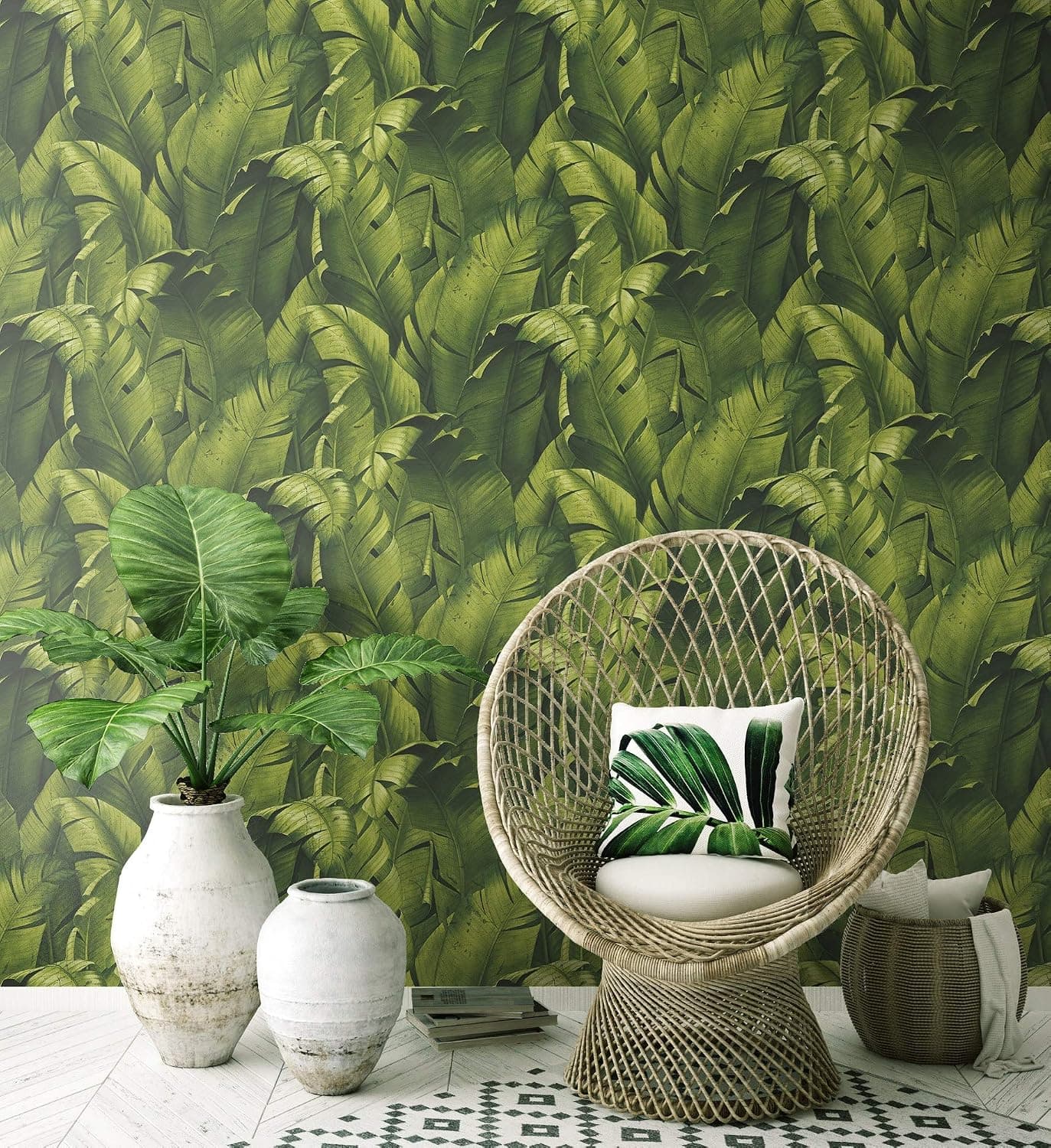 NextWall Tropical Banana Leaves Peel and Stick Wallpaper. (Green)