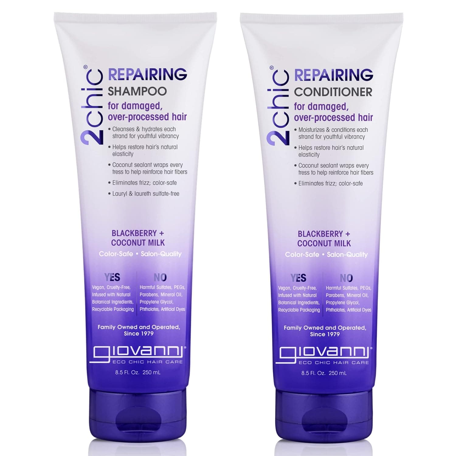 GIOVANNI 2chic Ultra-Repairing Shampoo & Conditioner Set, 8.5 oz. Each - Blackberry & Coconut Oil for Dry, Damaged Hair, Argan, Jojoba, Shea Butter & Keratin, Lauryl & Laureth Sulfate Free, Color Safe