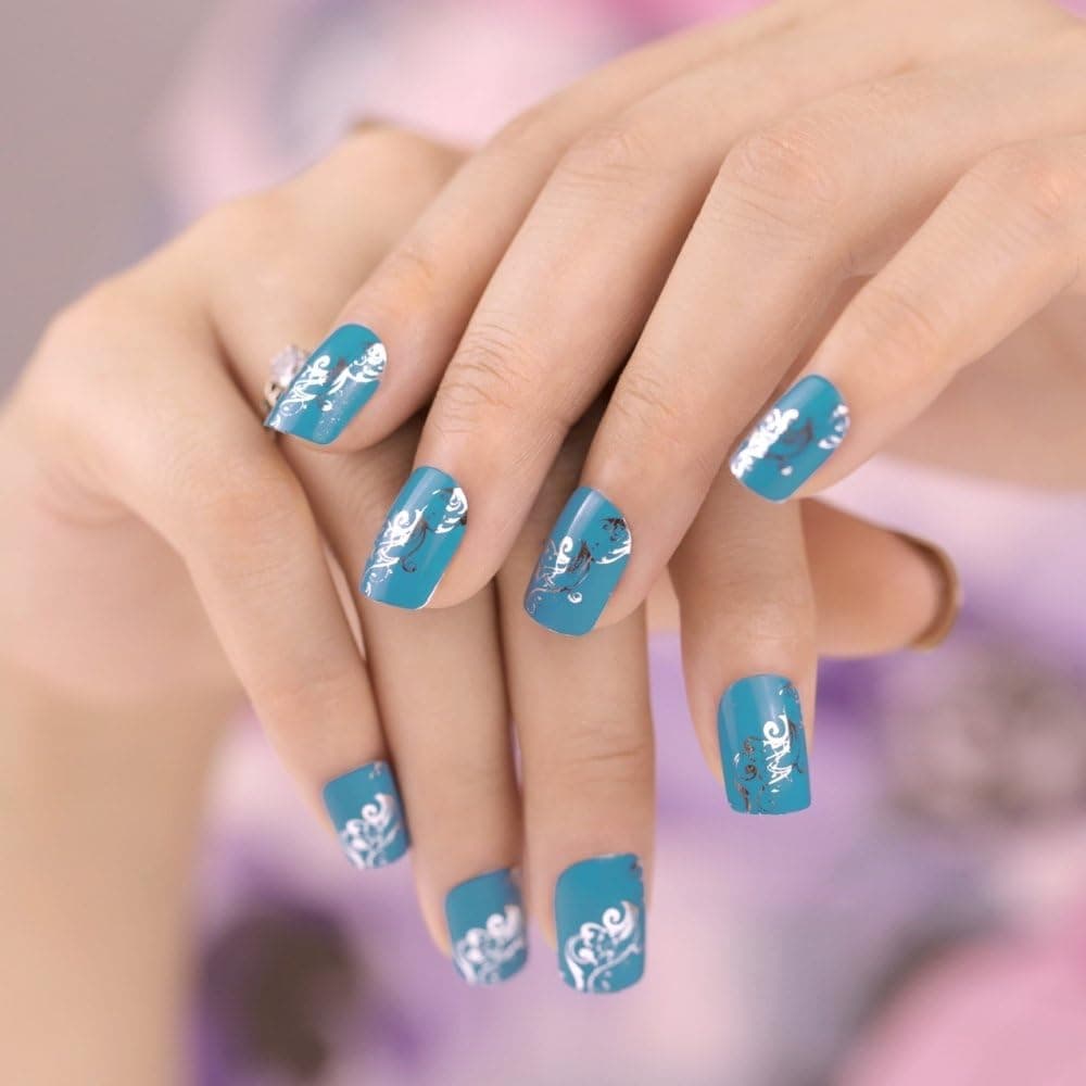 Bling Art False Nails French Manicure Metallic Teal 24 Full Cover Medium Tips UK