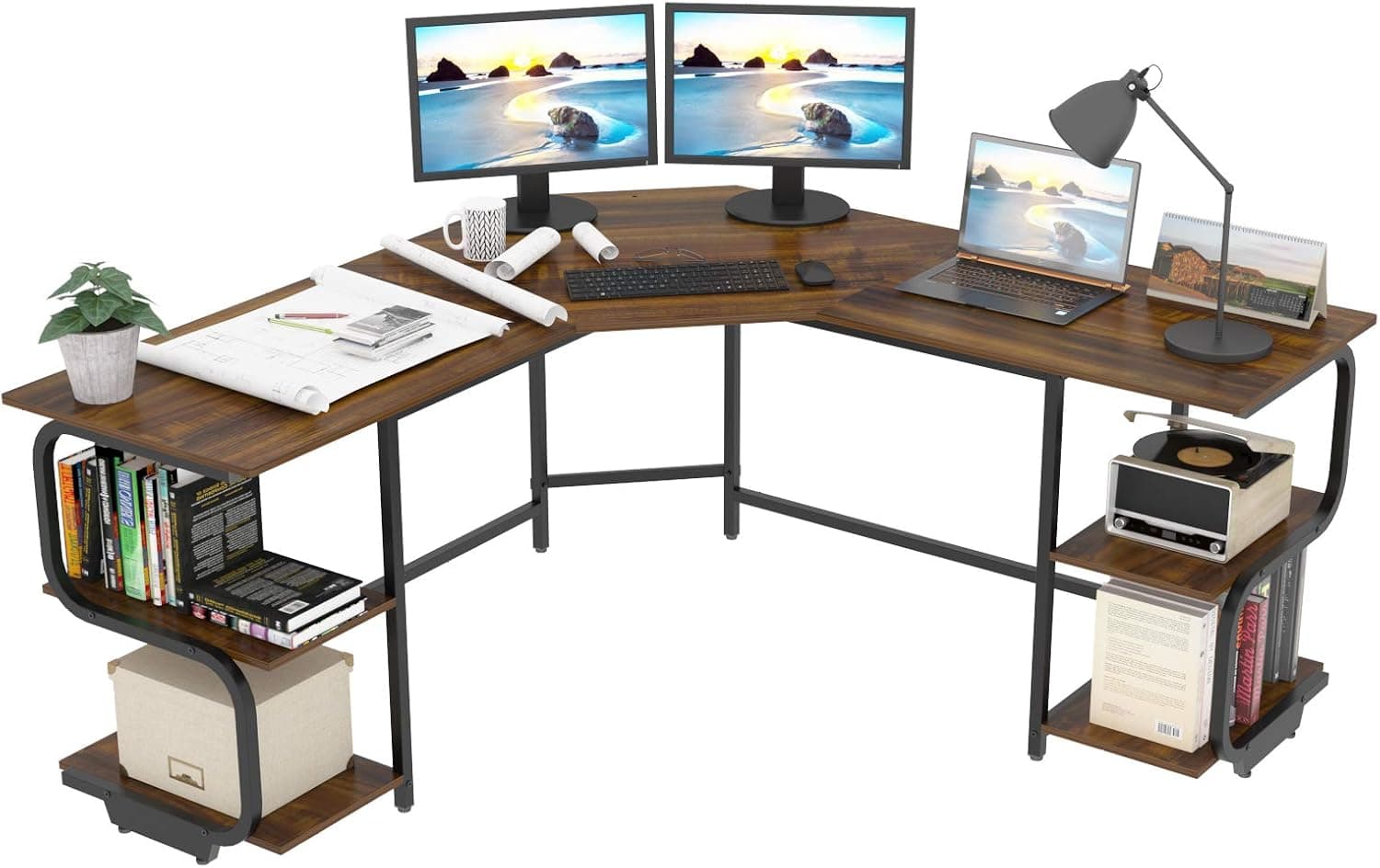 Teraves L Shaped Desk with Shelves Gaming Desk with Large Desktop Corner Desk for Home Office