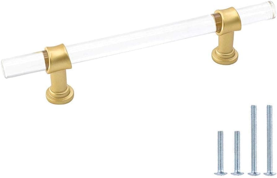 Goldenwarm Acrylic Cabinet Pull Kitchen Hardware Drawer Pulls Brushed Brass Cupboard Door Handles 7-1/2 inch Hole Centers Stainless Steel 5 Pack