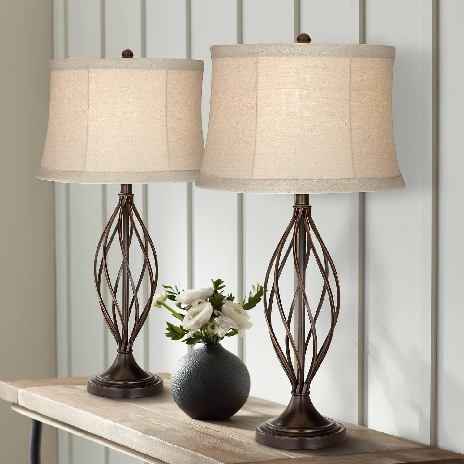 Franklin Iron Works Liam Rustic Farmhouse Industrial Table Lamps 29 1/2" Tall Set of 2 Bronze Open Twist Metal Tan Drum Shade for Bedroom Living Room House Home Bedside Nightstand Office Family