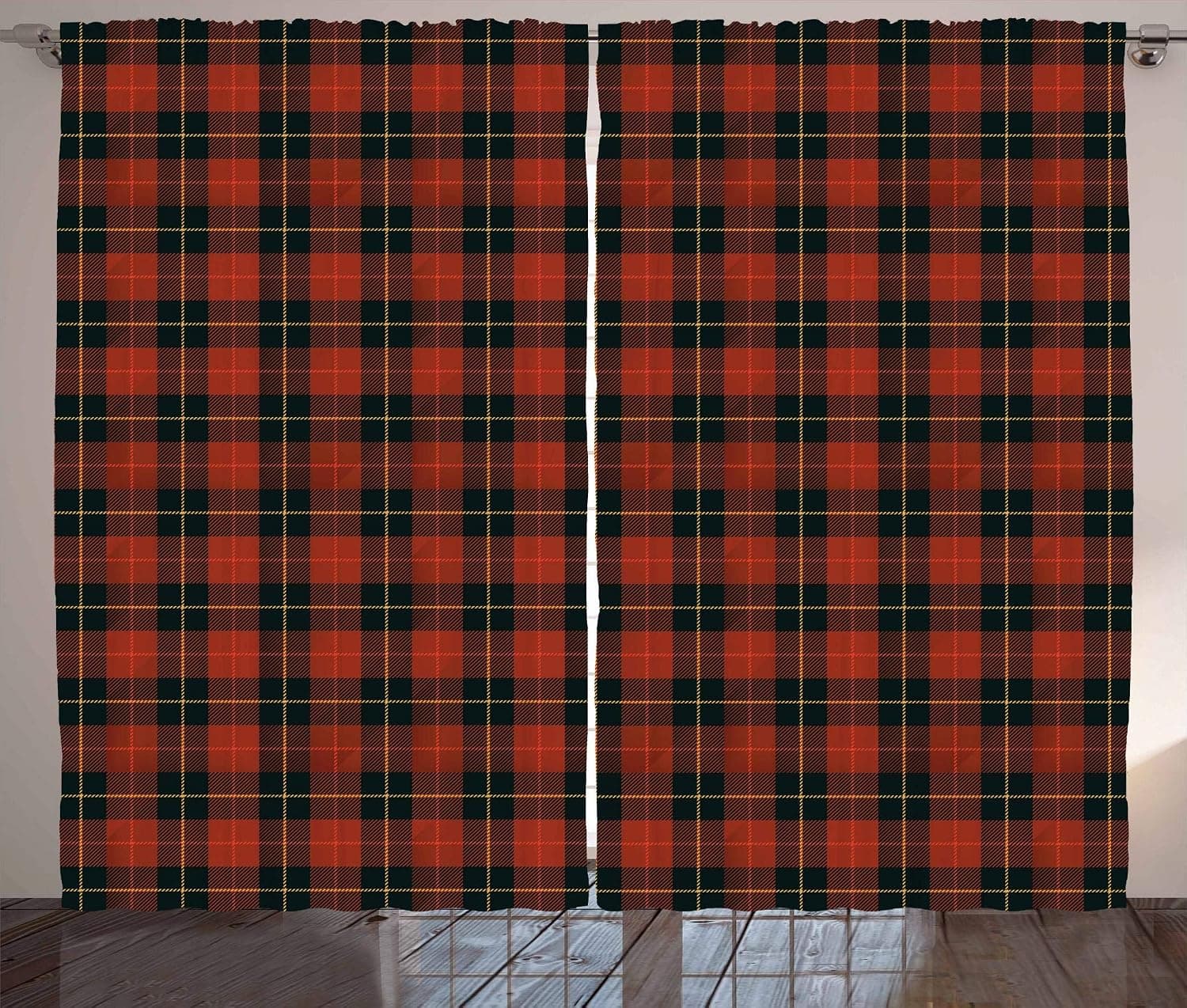 Lunarable Plaid Curtains, Scottish Tartan with Traditional Colors Vintage Country Style, Living Room Bedroom Window Drapes 2 Panel Set, 108" X 84", Brown Mustard
