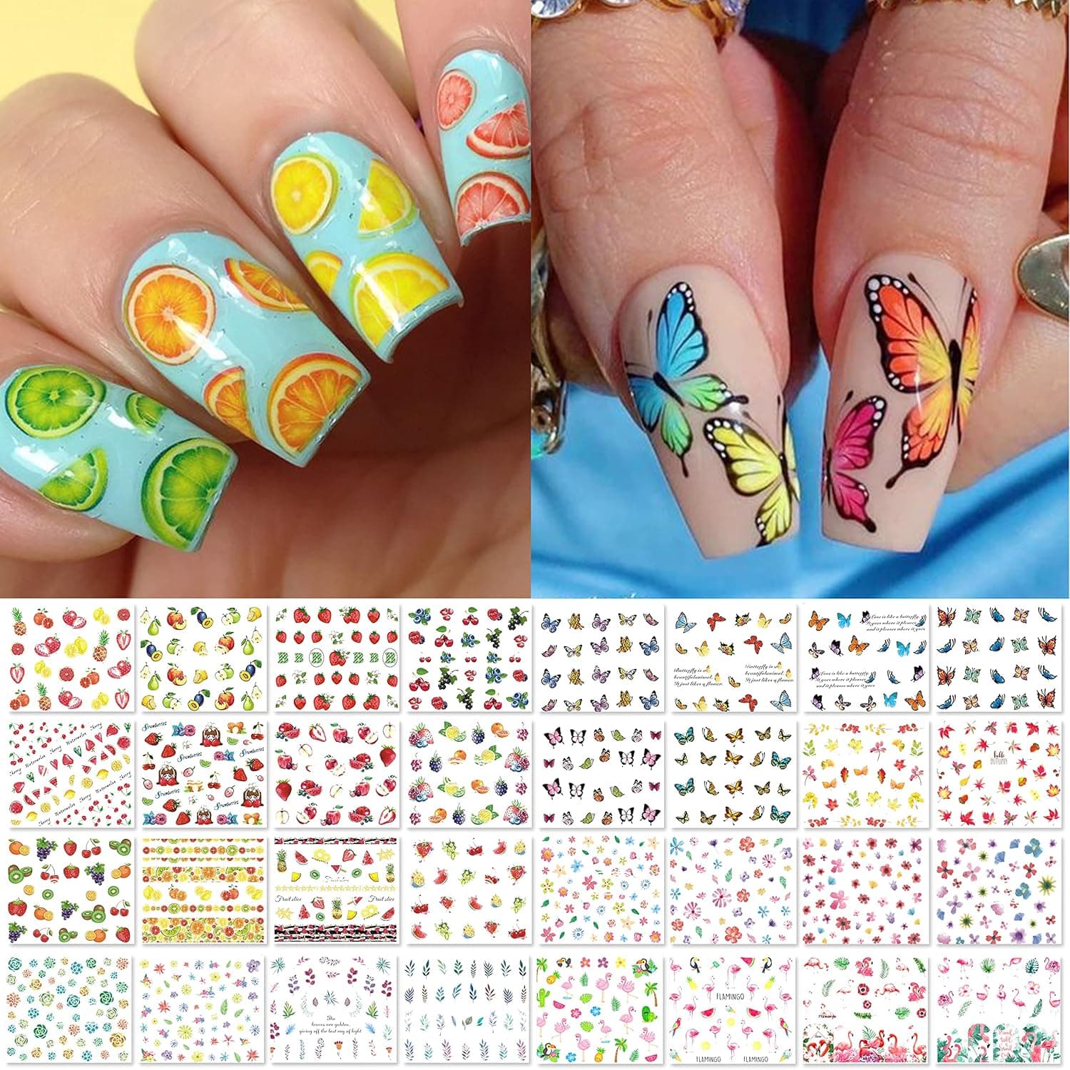 48 Sheets Summer Nail Art Stickers, Water Transfer Fruits Butterflies Flowers Leaves Decals for Women Manicure DIY Design or Salon (1500+Pcs)