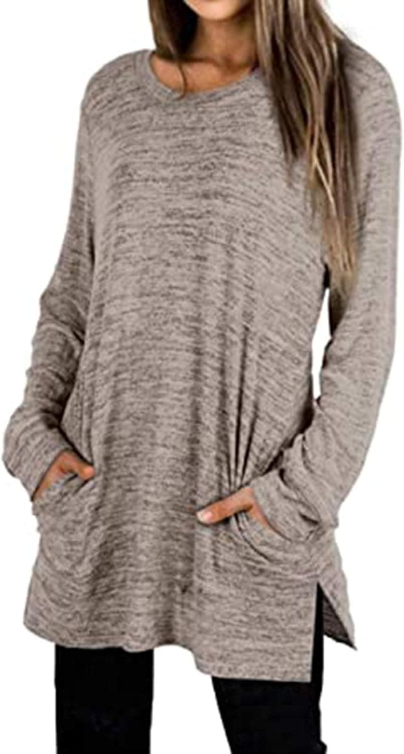 Women's Casual Long Sleeve Shirts - Tunic Tops with Pockets Side Slit Sweatshirt Loose Fit Pullover Shirts Nicytore