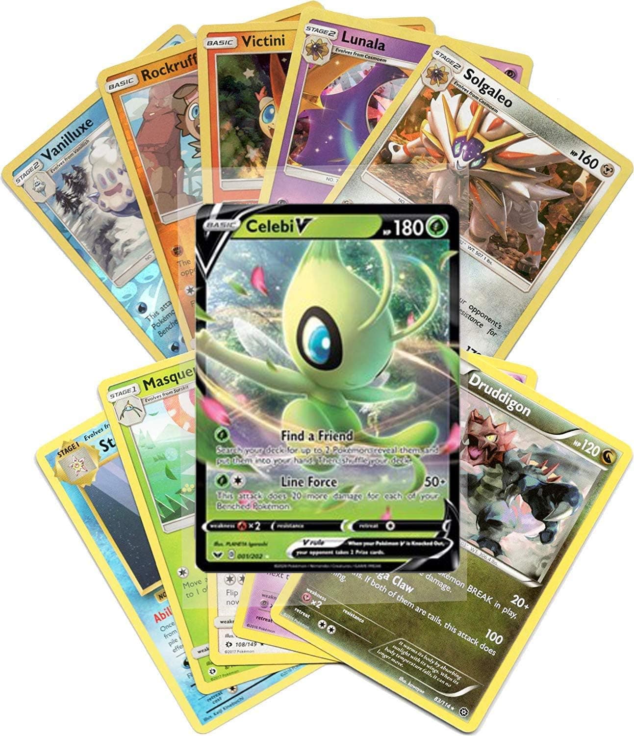 Guaranteed 1 New V Pokemon with Booster Pack, 6 Rare Cards, 5 Holo/Reverse Holo Cards, 20 Regular Pokemon Cards, Deck Box and 1 Top Cut Central Exclusive Dice