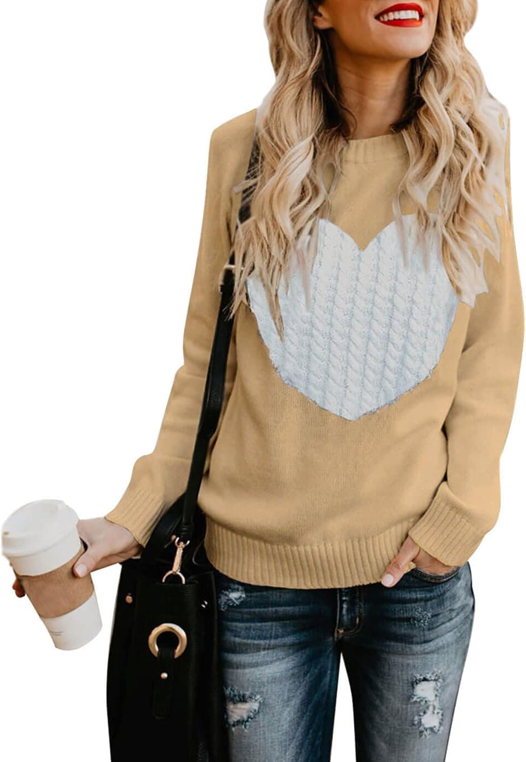 shermie Womens Sweaters Long Sleeve Crew Neck Front Cute Heart Knitted Pullover Sweater (Medium, Camel)