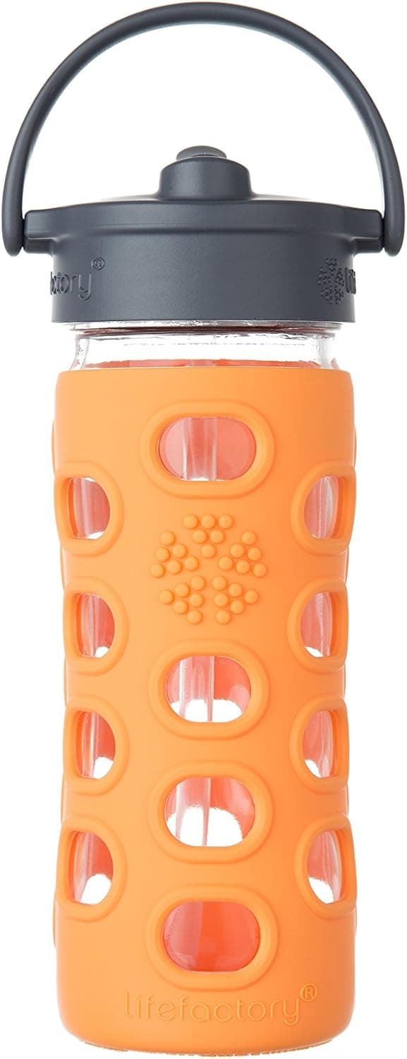 Lifefactory 12-Ounce BPA-Free Glass Water Bottle with Straw Cap and Silicone Sleeve, Orange