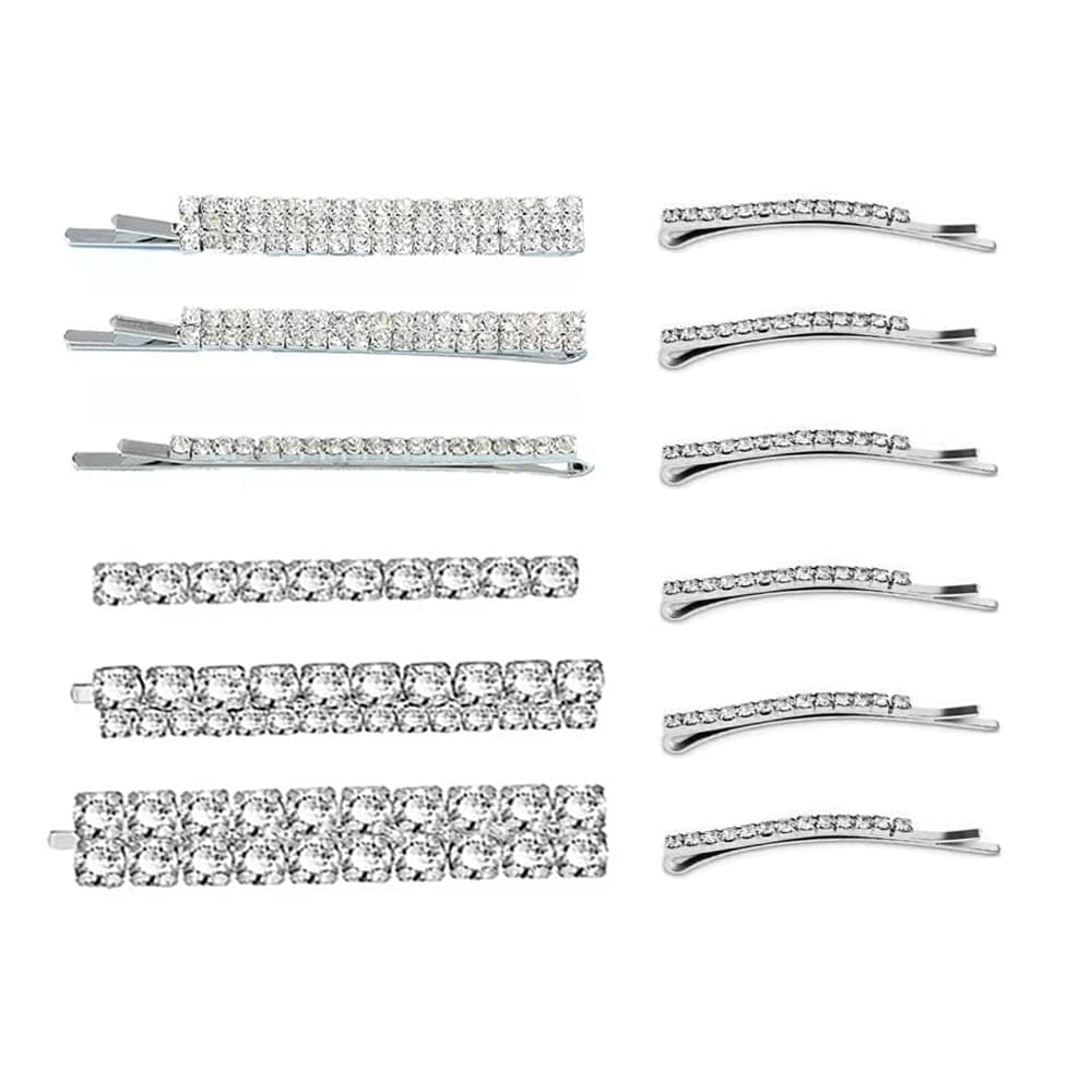 12 Pieces Luxury Hair Clips Barrettes for Women, Bling Rhinestones Bobby Pins for Ladies, Silver Sparkly Hairgrip Hair Accessories for Party Wedding Daily (12pcs)