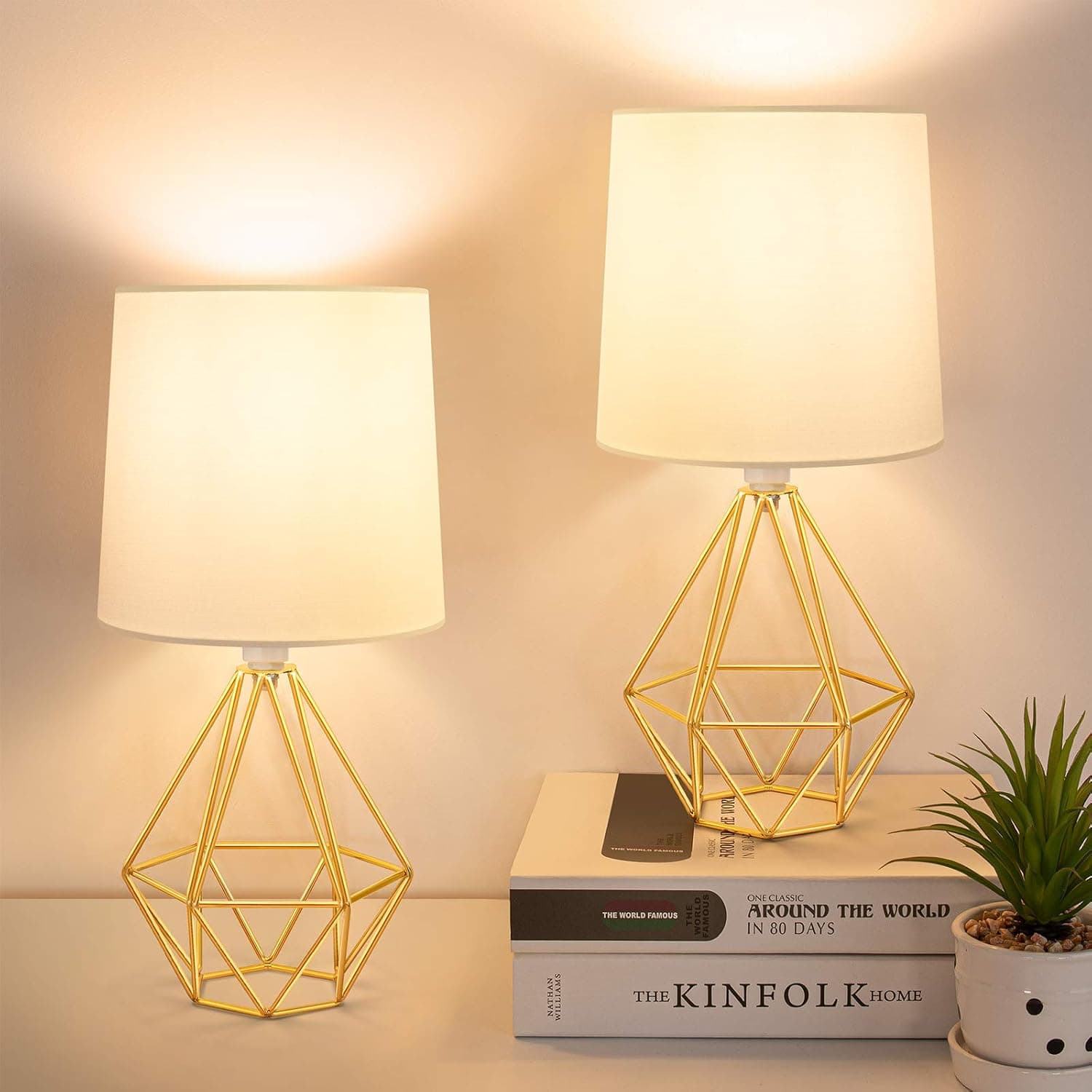 Modern Gold Table Lamp, Set of 2 Nightstand Lamps, Hollowed Out Table Lamp with White Fabric Shade, Bedside Lamp for Bedrooms, Living Room, Office (11W 3000K Warm White LED Bulbs Included)