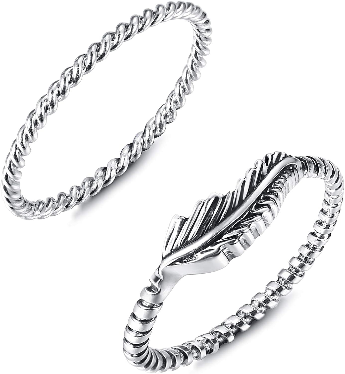 ORAZIO 2PCS Stainless Steel Stackable Rings for Women Girls Sideway Feather Twist Rope Knuckle Midi Rings Size 4-13