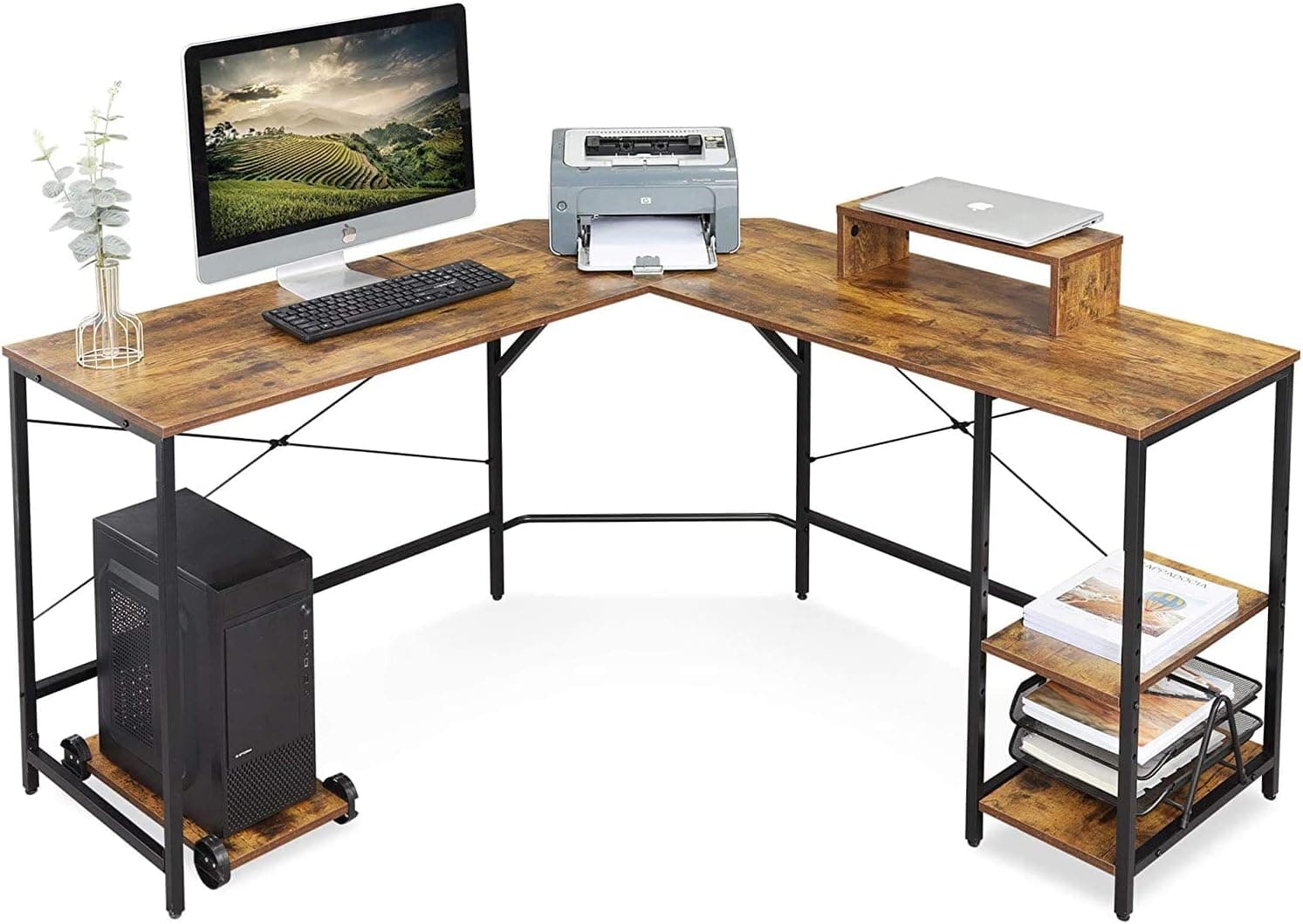DEVAISE L-Shaped Computer Desk, Modern Corner Computer Desks with CPU Stand Adjustable Shelves for Home Office Study Working Gaming Wooden Table Workstation (Rustic Brown)