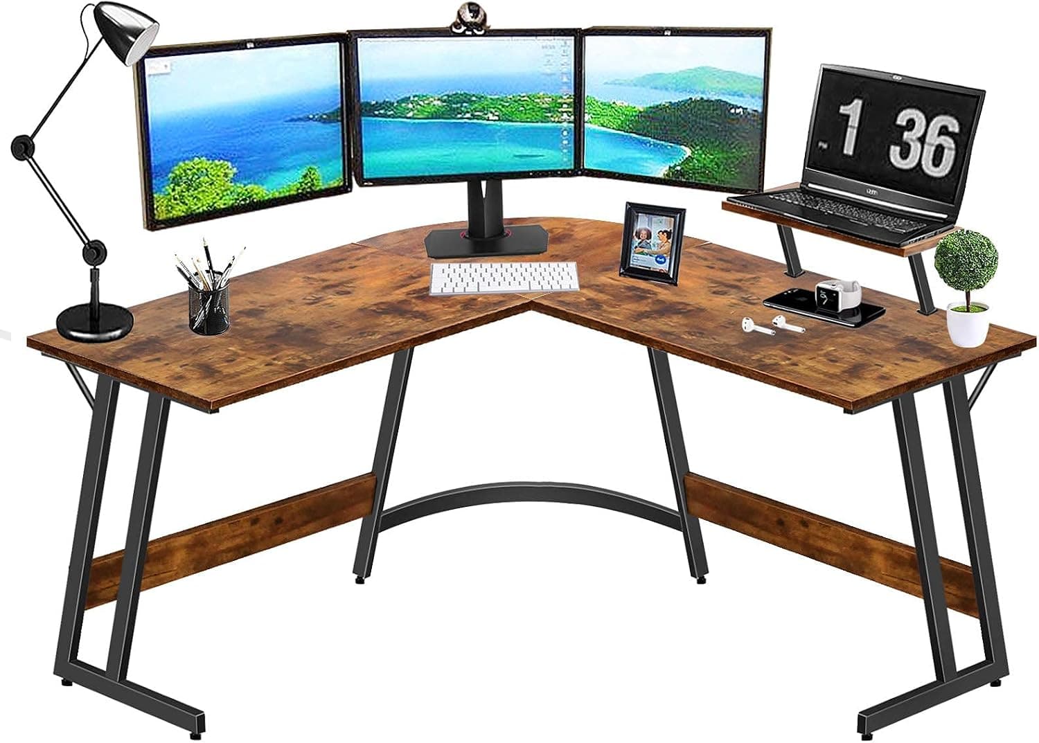 LUOSANJI L Shaped Desk Home Office Computer Corner Gaming Desk,Small Writing Study Workstation with Monitor Stand, 51 Inch Space Saving,Rustic Brown