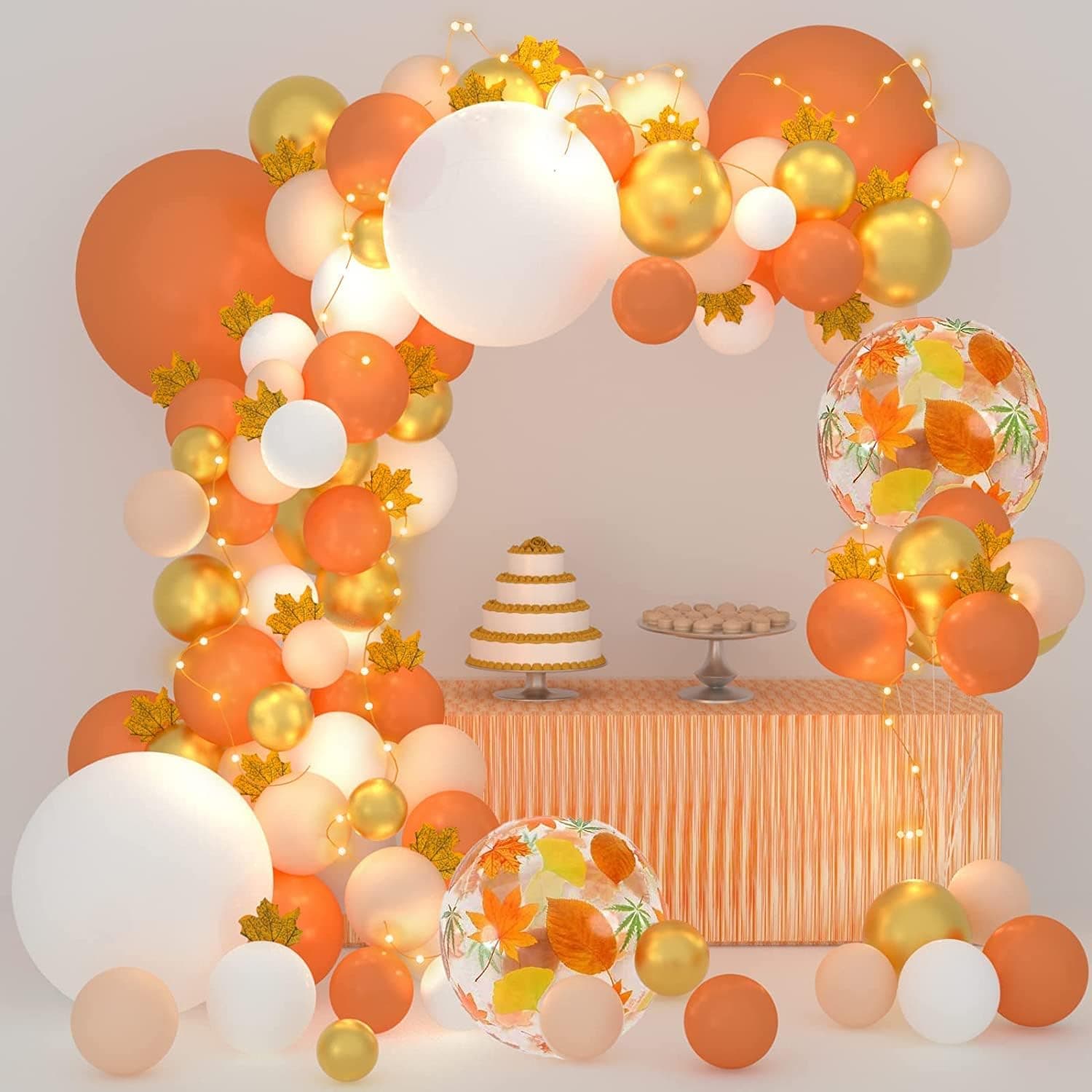 Fall Balloon Arch Kit with String Lights 132PCS Fall Balloons Garland Kit Orange White Gold Macaron Balloons for Fall Decors Thanksgiving Balloon Arch Maple Leaves for Thanksgiving Party Decorations