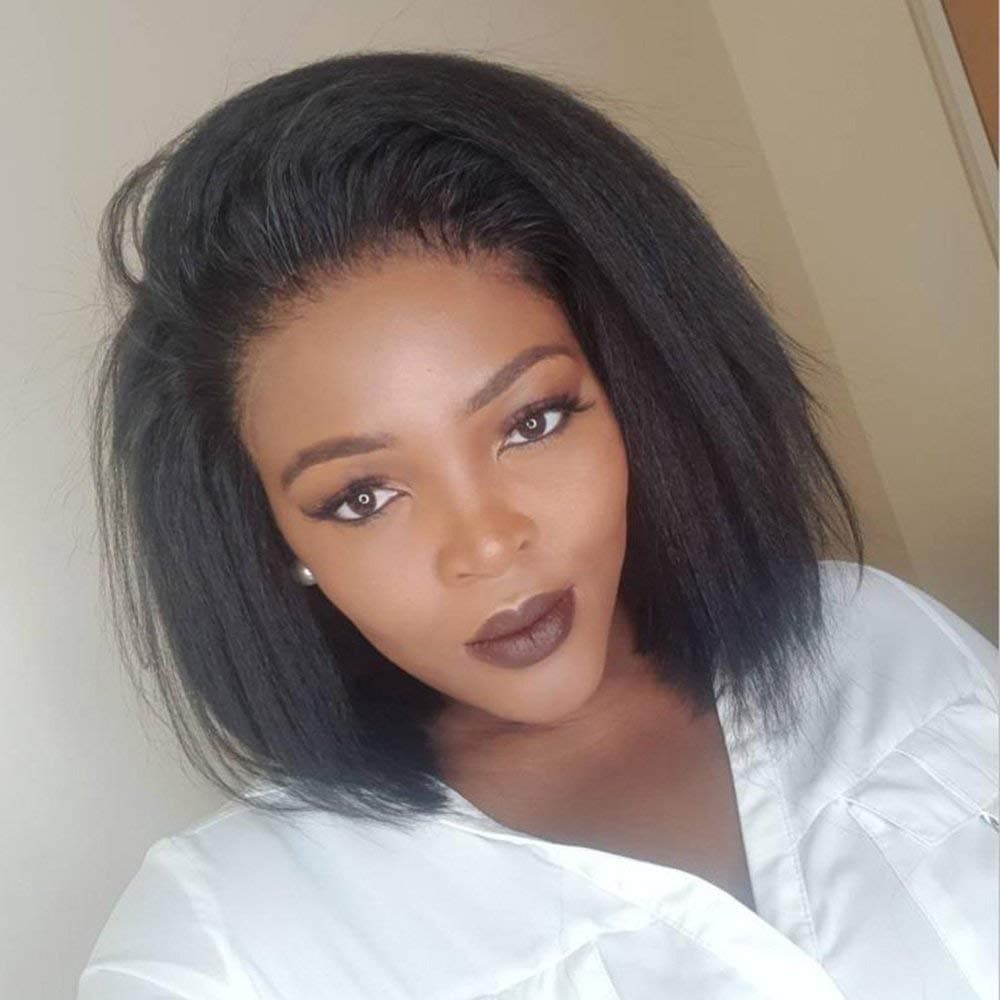RHAH Glueless Italian Yaki Straight 13x4 HD Lace Front Wigs for Black Women 10 Inch Bob Wigs with Baby Hair Pre Plucked Bleached Knots 130% Density Brazilian Virgin Hair Kinky Straight Human Hair Wigs Free Parting