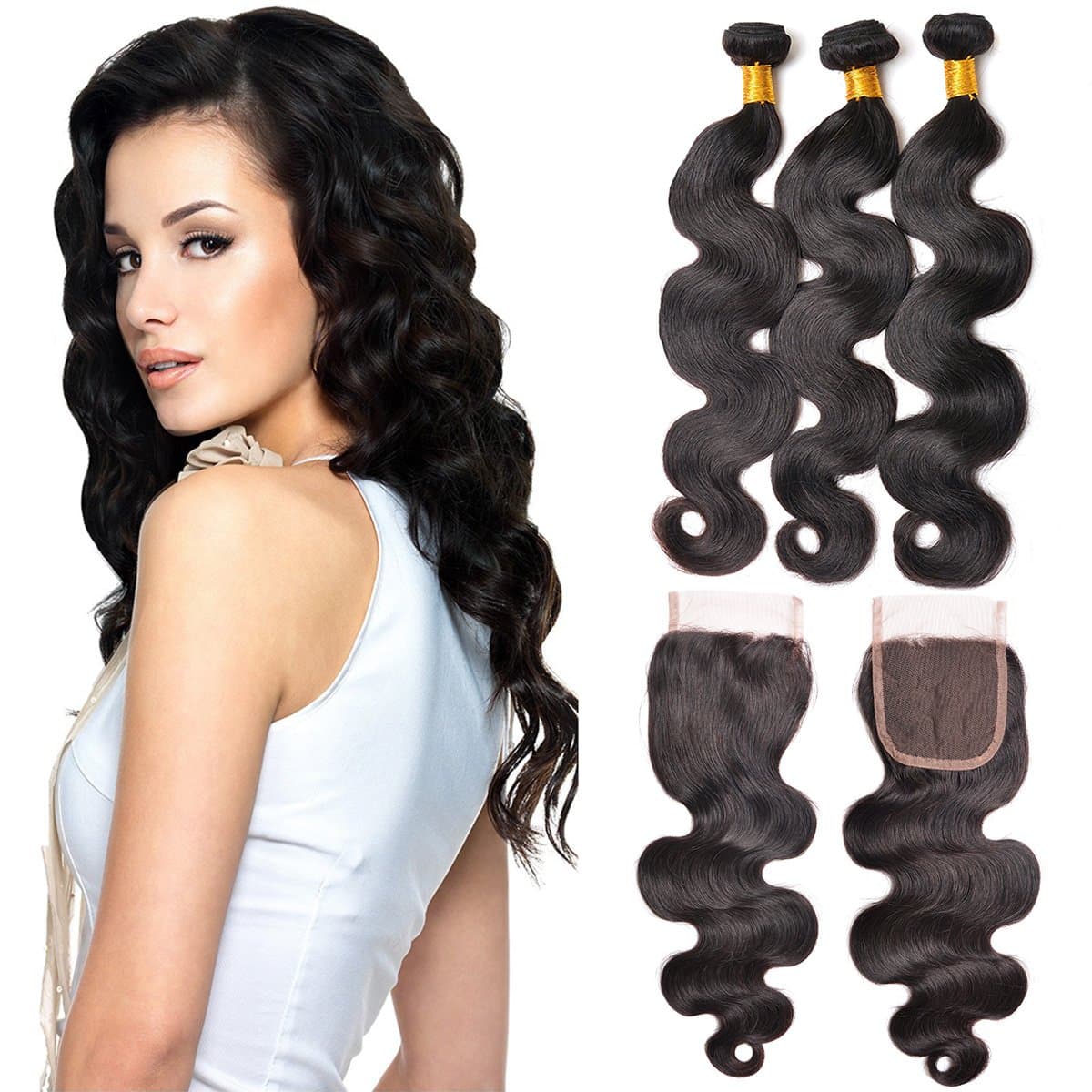 BHF Hair 18 20 22 3Pcs/lot Virgin Brazilian Remy Human Hair 3 Bundles Hair Weaves With 16 inch 4"x4"Closure Body Wave
