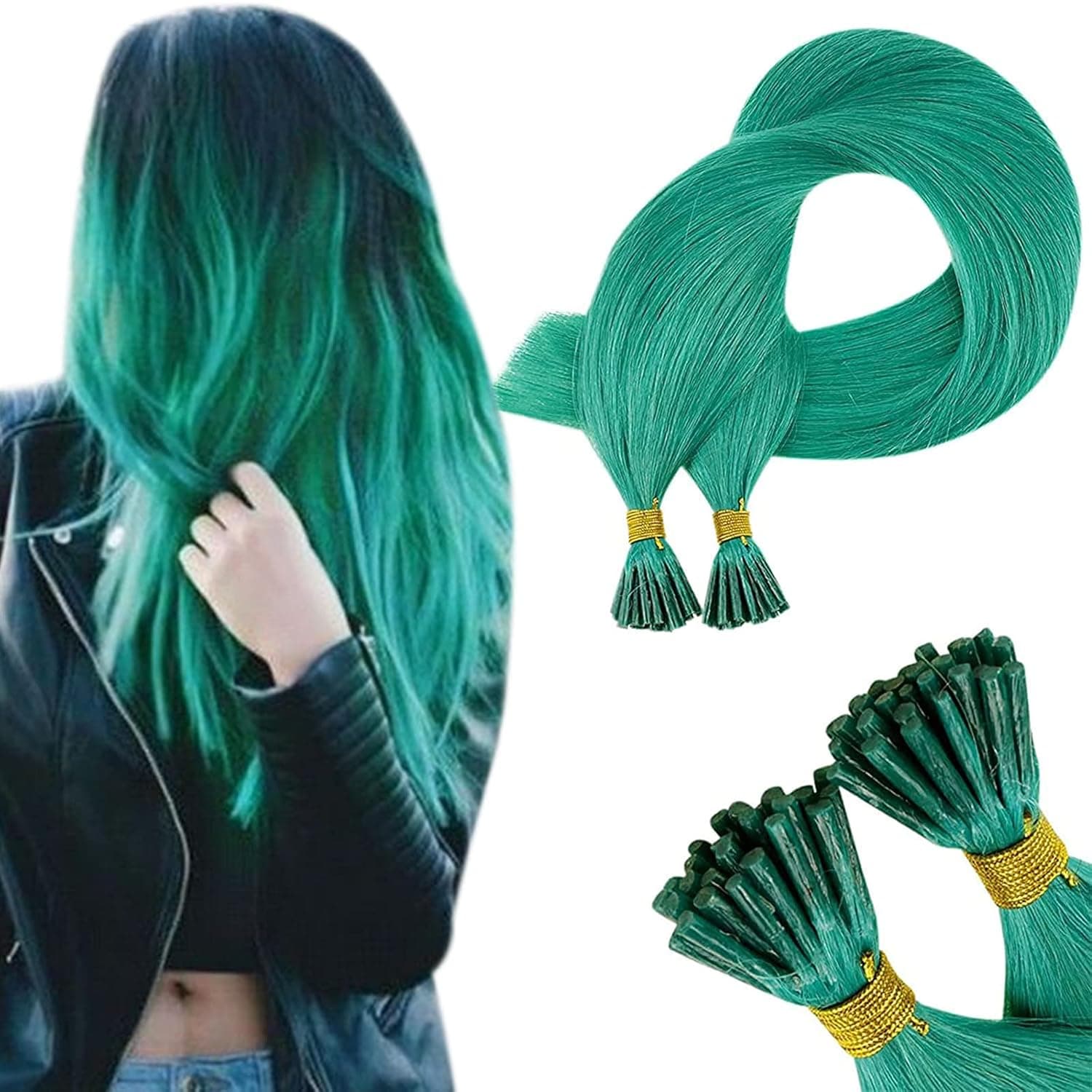 RUNATURE Teal I Tip Hair Extensions Human Hair Cold Fusion I Tipped Extensions Natural Hair Keratin Colored Stick Tip Hair Extensions Remy Hair Itips Human Hair Extensions Teal 25g 25 Strands 22 Inch