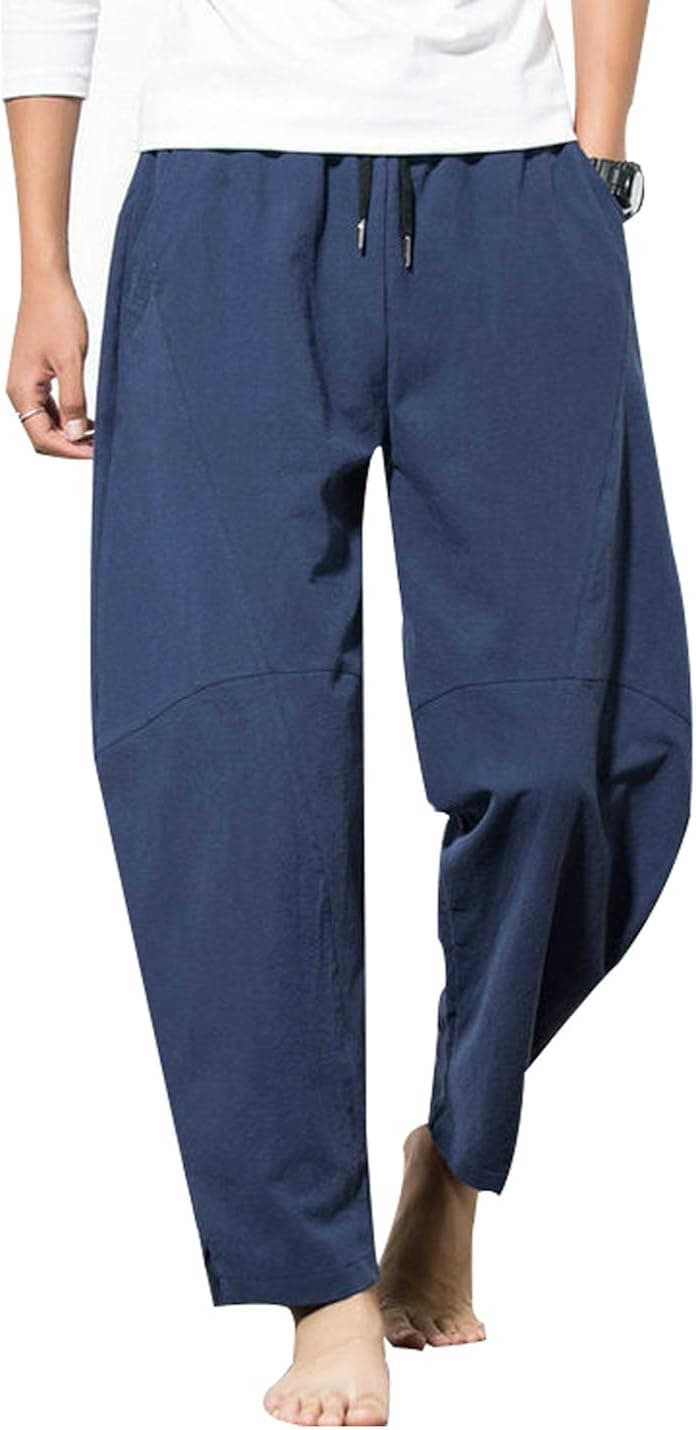 Lentta Men's Baggy Linen Drawstring Loose Cropped Harem Pajama Yoga Summer Pants (NavyBlue01, X-Large)