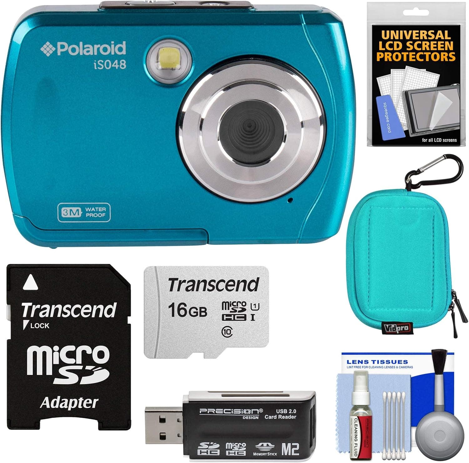 Polaroid iS048 Waterproof Digital Camera (Teal) with 16GB Card + Case + Reader + Kit
