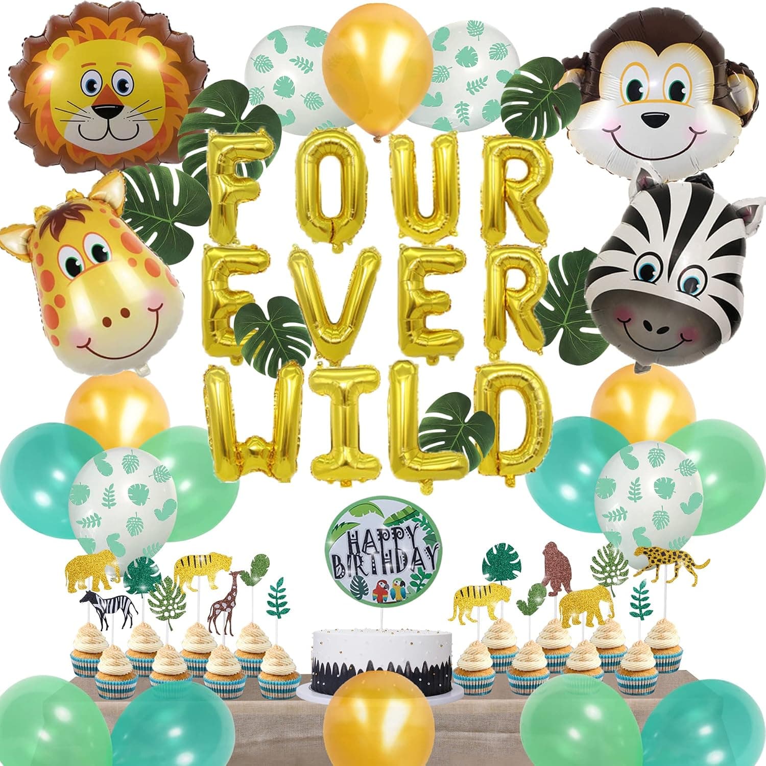 READIGO Wild Four Safari Jungle Birthday Party Decorations, Safari 4 Year Old Birthday Decorations,Jungle Birthday Cake Topper,24 Cupcake Toppers Safari Animal Balloon Zoo 4th Birthday Decorations