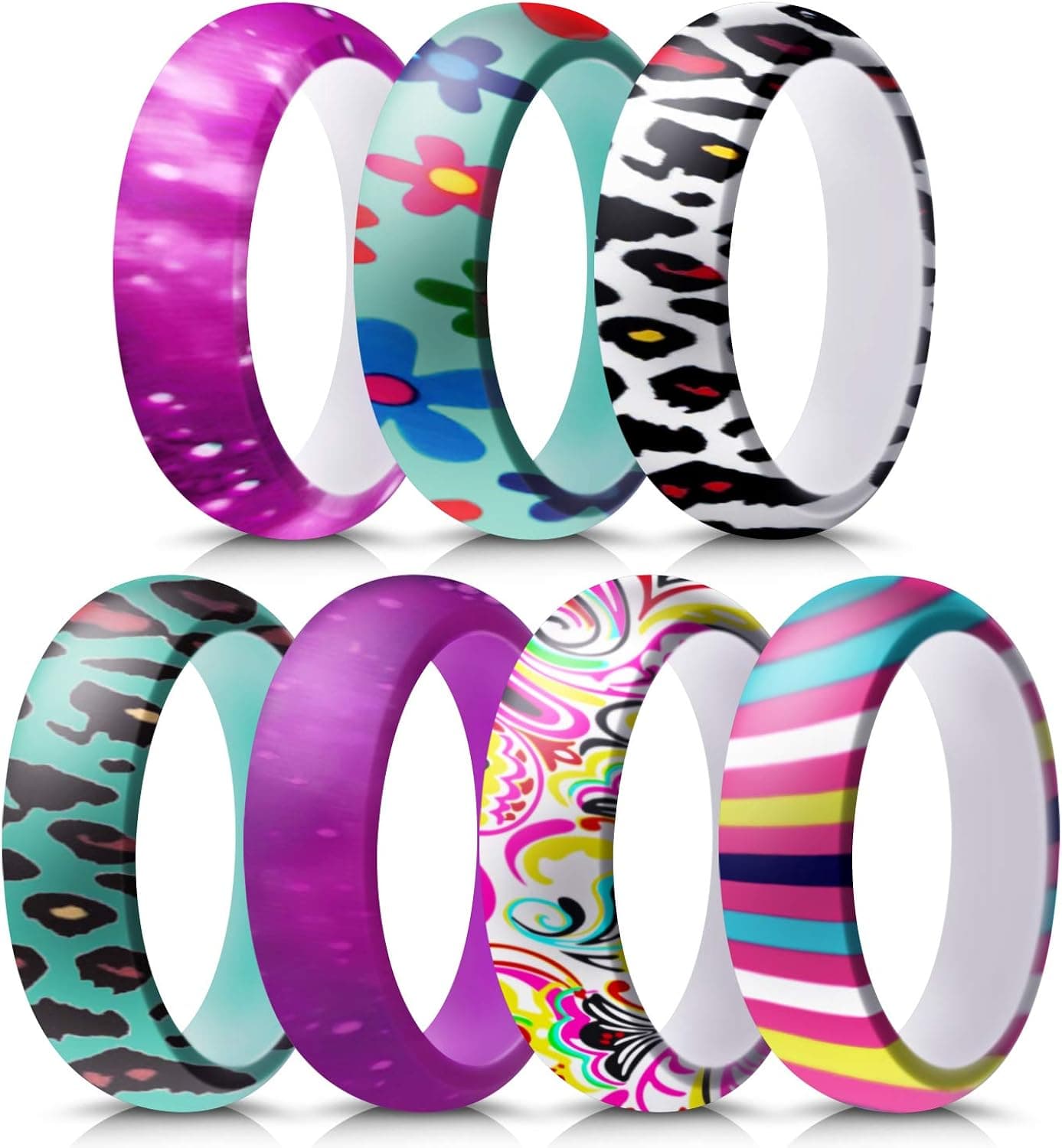 MOKANI Silicone Wedding Ring for Women, 7/4/1 Pack Bohemian Thin Rubber Band, Fashion, Colorful, Comfortable fit, Skin Safe