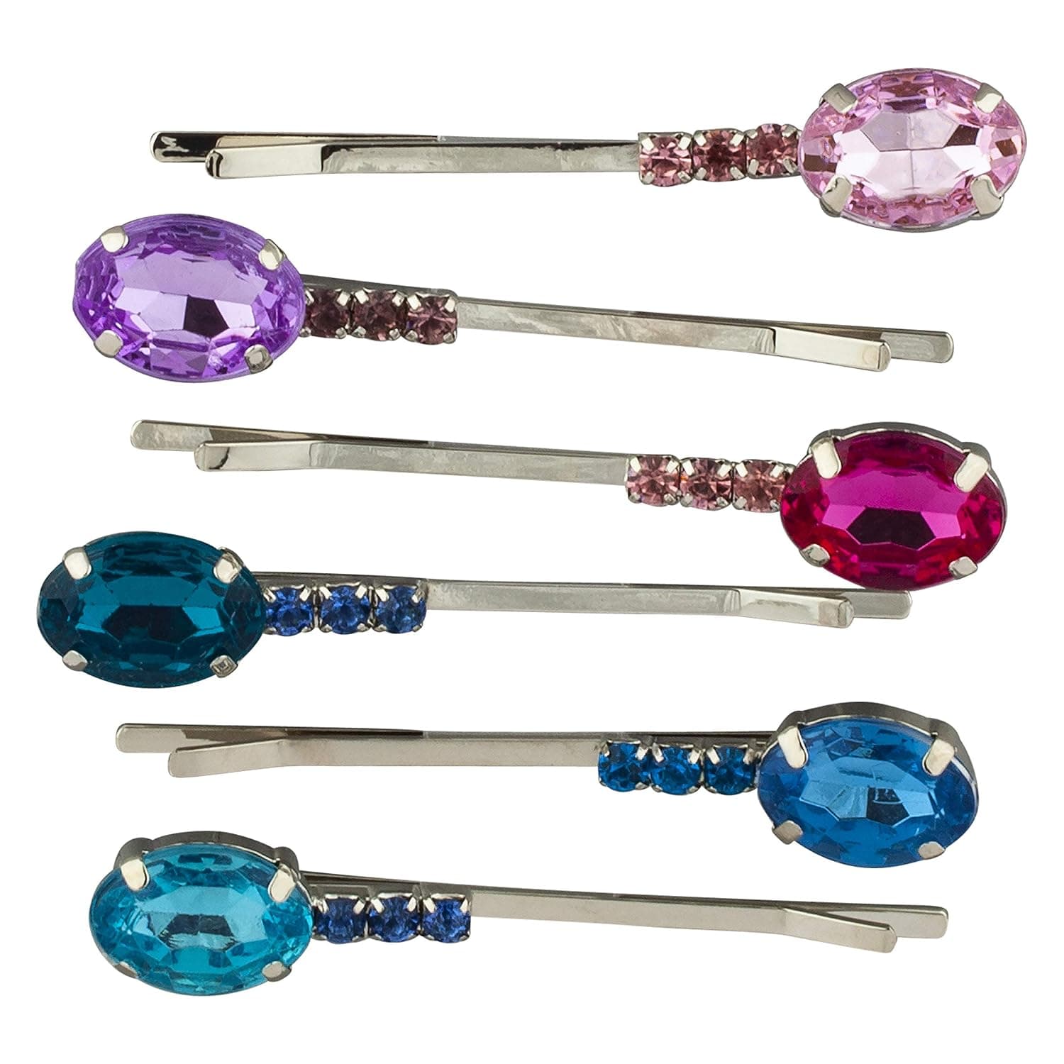 Lux Accessories Purple Fuscia Pink Royal Blue Light Blue Oblong Rhinestones Set of 6 Black Hair Pins