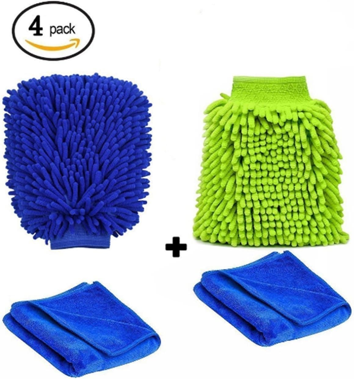 Ezeagbor Car Wash Mitt Car Washing Gloves, Premium Chenille Microfiber Wash Mitt - Wash Glove, Durable and Practical, Ultra-Soft Polishing Cloth,Double Sided (2 Gloves + 2 Cloth (4Pack)