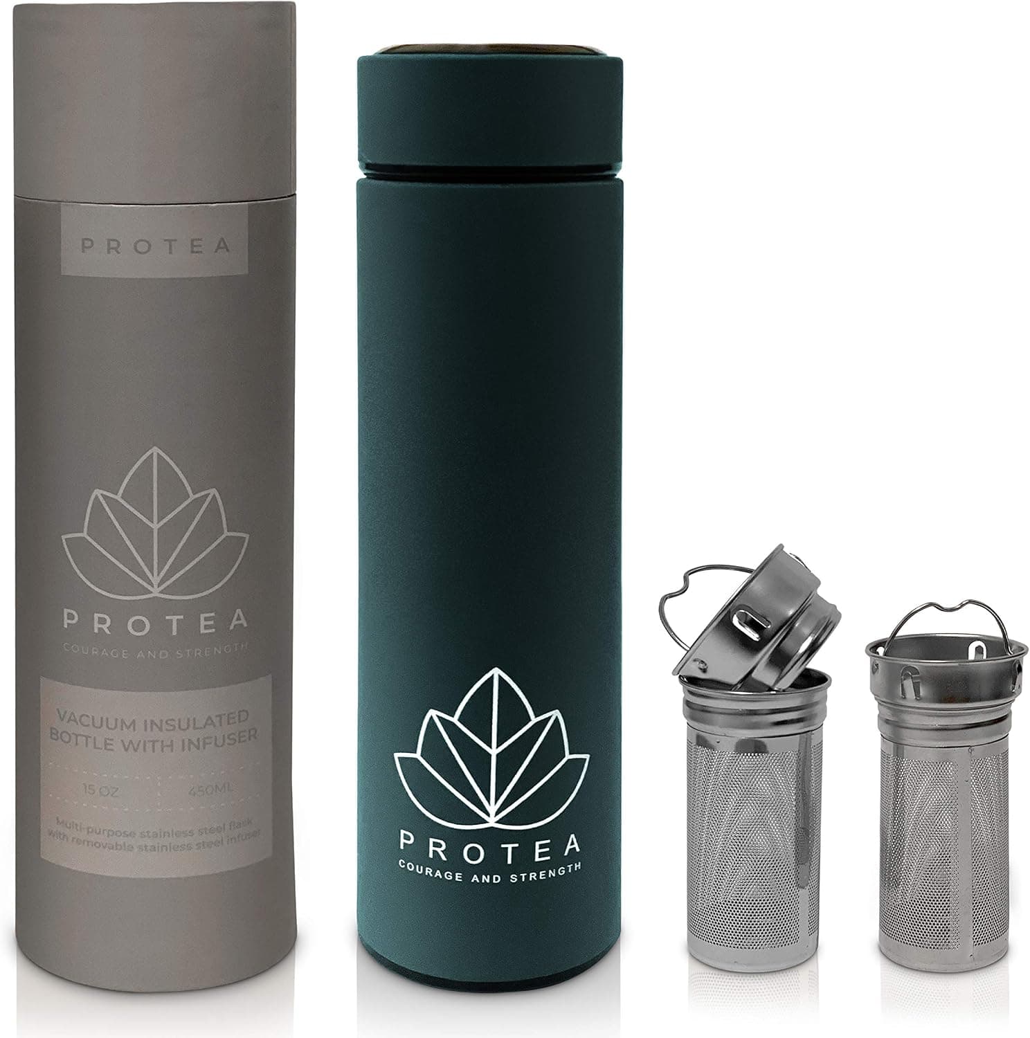 Protea Mug with Infuser - Double Wall Vacuum Container - Tea, Iced Coffee and Fruit Infused Water - Durable Stainless Steel, TWO Long Mesh Infusers - Leakproof, Portable Travel Tumbler (Navy)