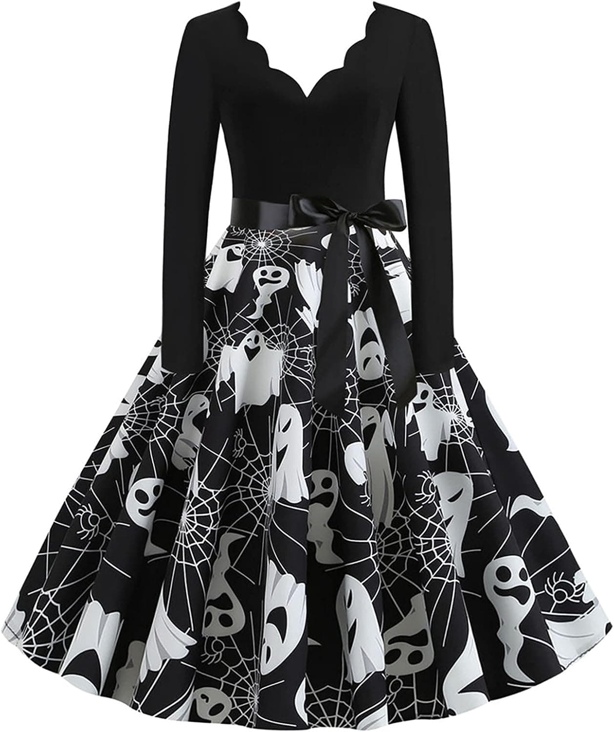 FIRERO 1950's Halloween Dresses Womens Cocktail Swing Dress Skeleton Pumpkin Printed Cosplay Party Costume