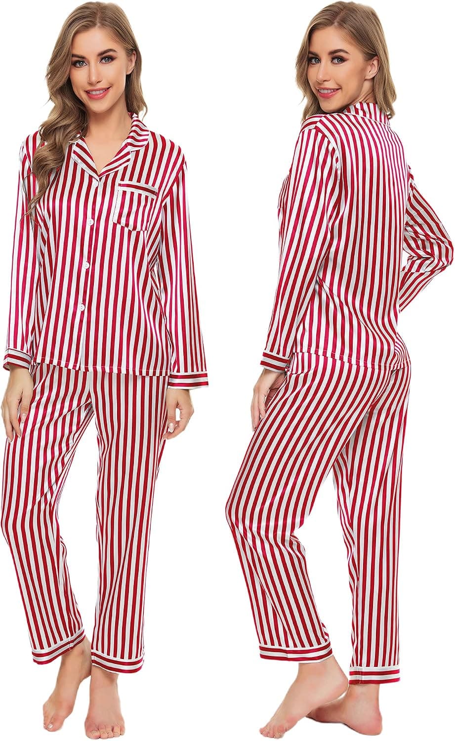 SWOMOG Womens Silk Satin Pajamas Set Long Sleeve Button Down Sleepwear Stripe Loungewear 2 Pcs Pj Sets