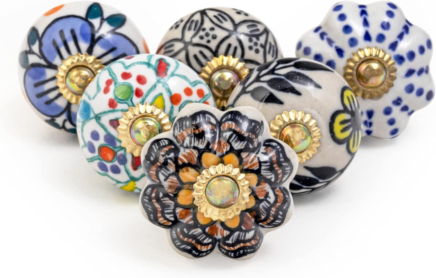 RAJRANG BRINGING RAJASTHAN TO YOU Ceramic Knobs for Cabinet Dresser Drawer and Furniture Hand Painted Antique Boho Cupboard Pull Knob Multicolor, Pack of 6
