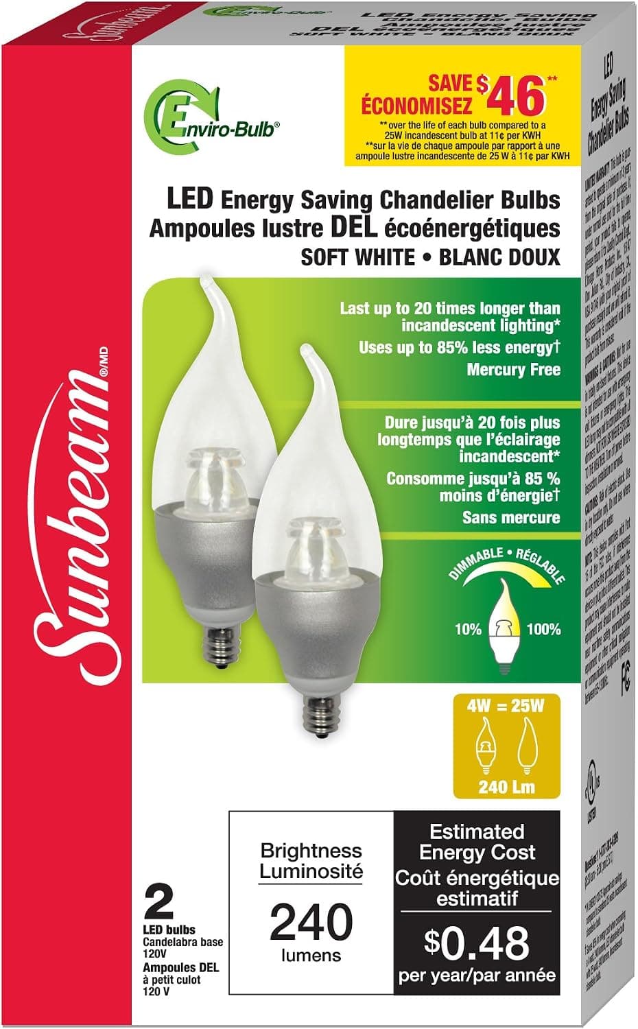 Sunbeam Enviro-Bulb High Performance Chandelier LED Bulb, 4 Watts (Equivalent to 25 Watts), Candelabra Base, 2 Pack