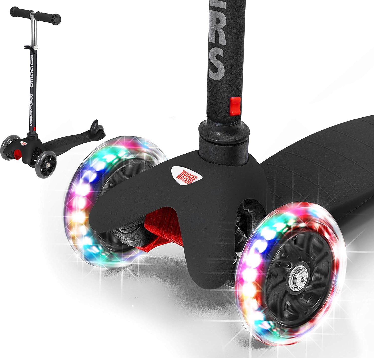 Rugged Racers Black Kick Scooter for Boys & Girls 3 Wheel Scooter, Kick Scooter for Kids with LED Light PU Wheels, Step Brake, Lean 2 Turn, Ride on Toys for Children 3 Year Plus