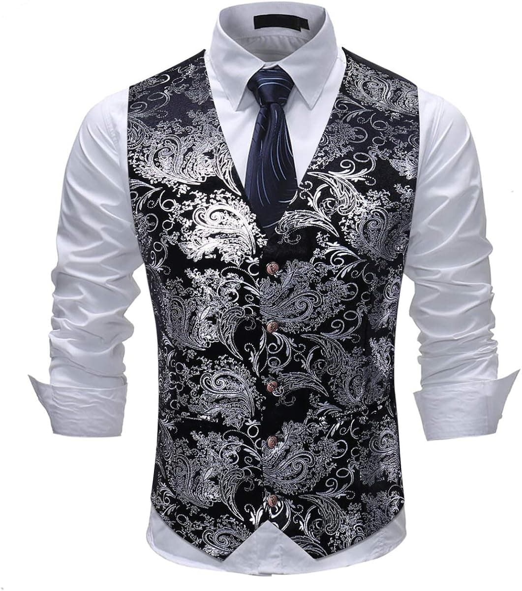 Cloudstyle Mens Print Dress Vest Slim Fit Single Breasted Button Down Formal Waistcoat