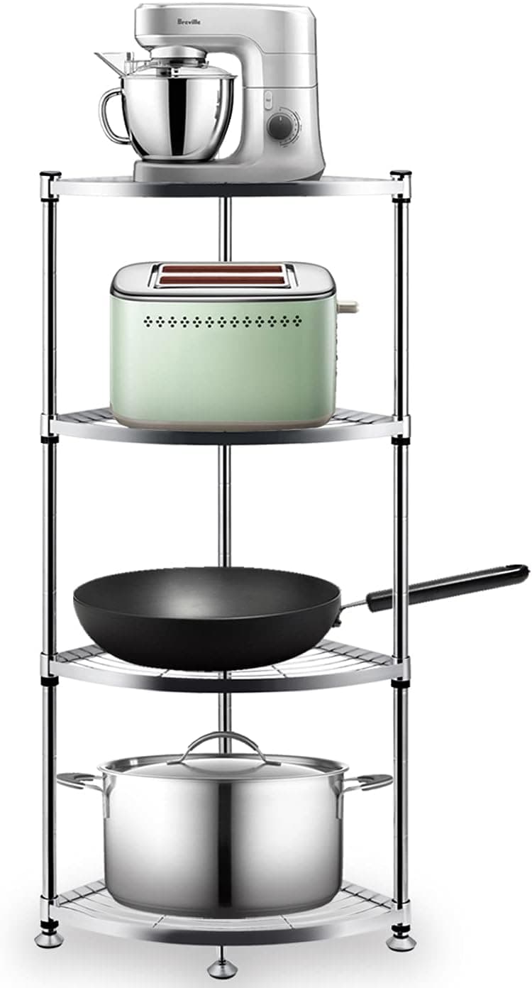 JXRCW 4 Tiers Kitchen Shelf Organizer Rack Stainless Steel Retractable Corner Shelf Stand for Bathroom and Kitchen