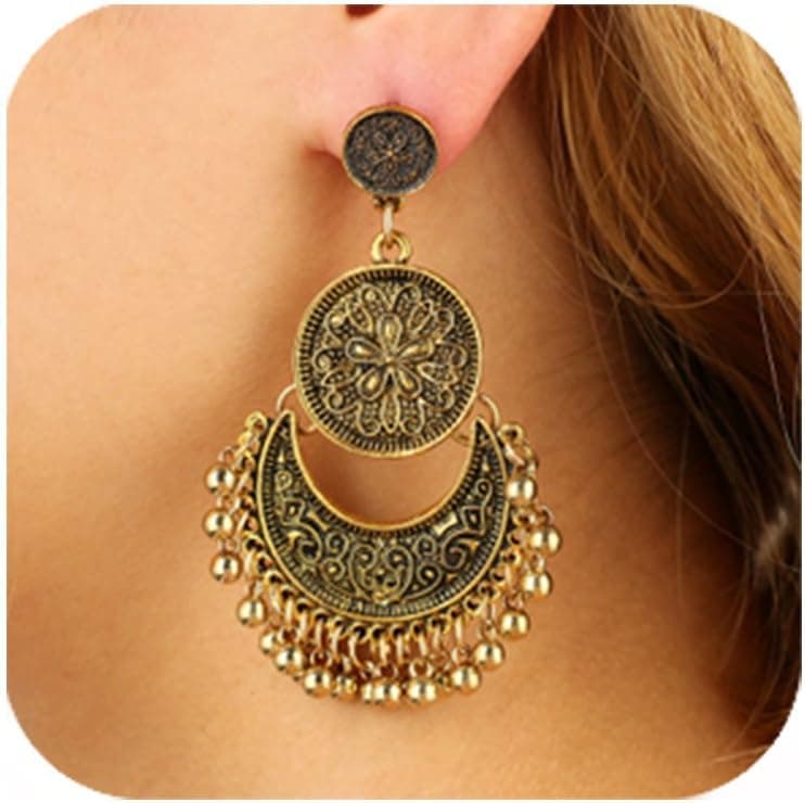 Cyntan Boho Gypsy Earrings Ethnic Mexico Lotus Hook Dangling Hoop Earrings For Women Girls Gold Tone