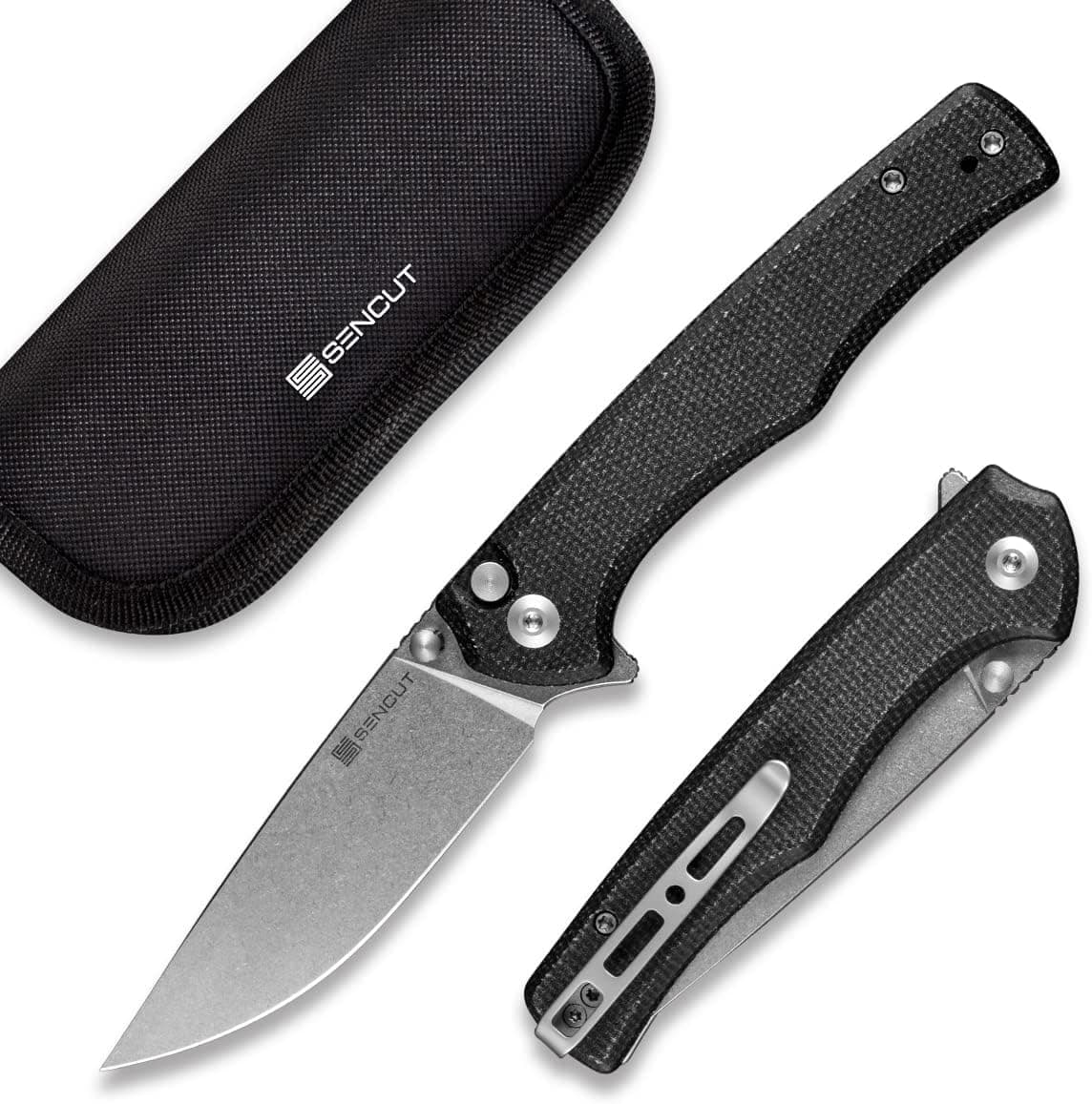 SENCUT Crowley Pocket Knife Button Lock Folding Knife for EDC, Black Micarta Handle Stonewashed D2 Blade Foldable Small Knife with Clip, Everyday Carry Knife for Men Women, Lightweight for Indoor Outdoor Gift S21012-2