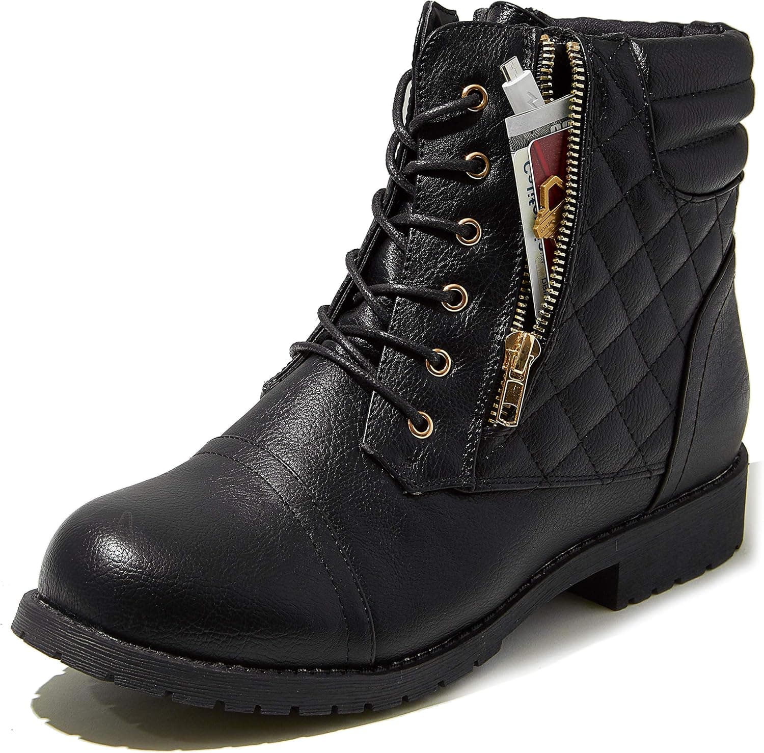 DailyShoes Women's Military Lace Up Buckle Combat Boots Ankle High Exclusive Credit Card Pocket