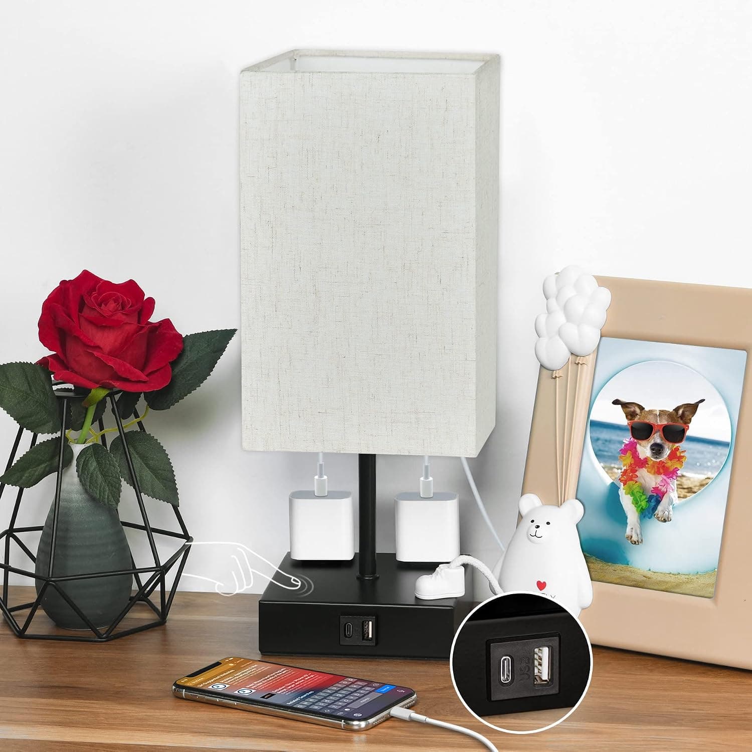 Sailstar Upgraded Table Lamp with USB C+A Charging Ports & 2AC Outlets, Beige Bedside Lamp for Bedroom, 3 Way Dimmable Touch Lamp, Small Space Nightstand Lamp for End Table, Bulb Included