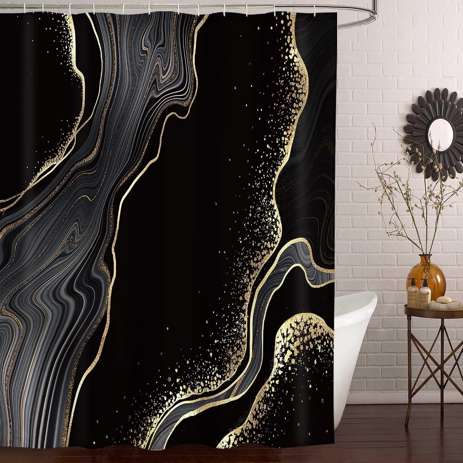 Yookeb Black Gold Marble Crack Bathroom Shower Curtain Luxury Abstract Decorative Textured Geode Art 60W by 71H Inch Polyester Fabric 12 Plastic Hooks Waterproof Decor